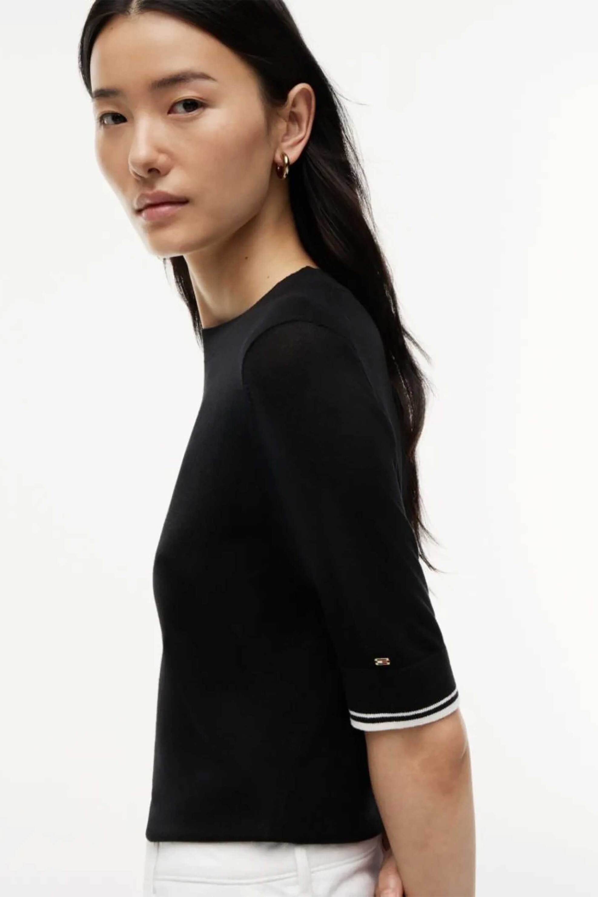 Tommy Hilfiger γυναικεία πλεκτή μπλούζα με κοντό μανίκι και μετάξι - WW0WW51054 Μαύρο