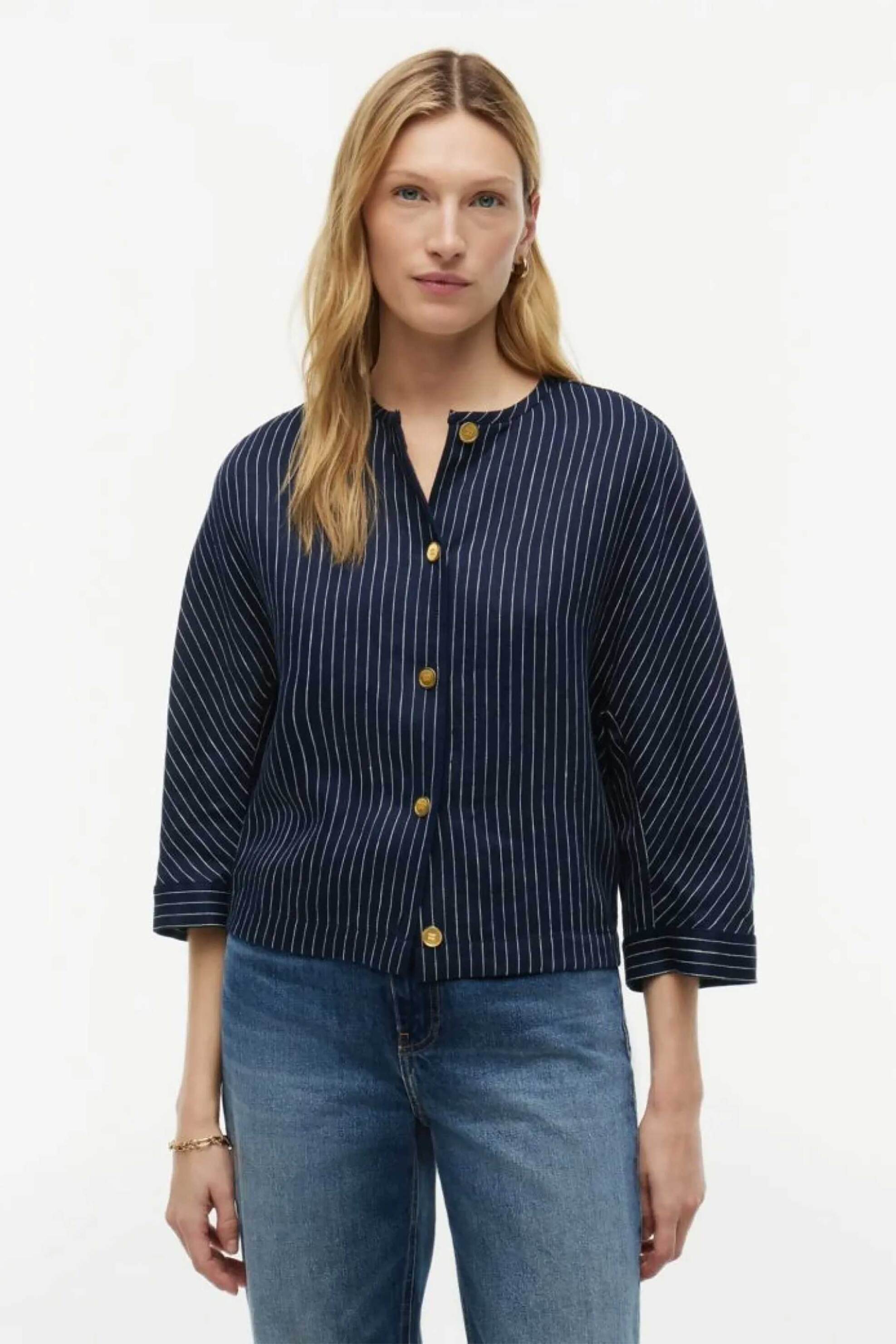 TOMMY HILFIGER Tommy Hilfiger γυναικείο πουκάμισο cropped με ριγέ σχέδιο και 3/4 μανίκι - WW0WW51060 Μπλε Σκούρο