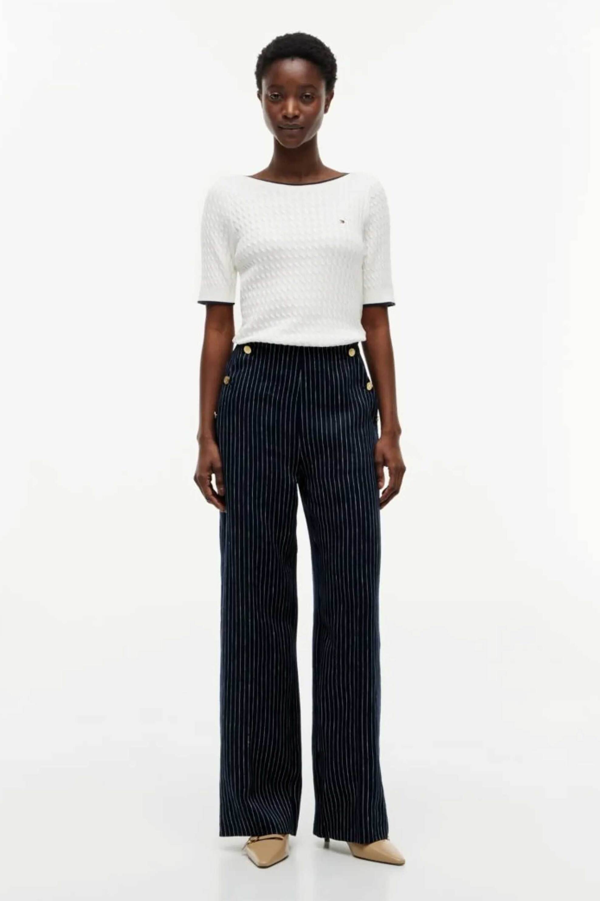 TOMMY HILFIGER Tommy Hilfiger γυναικείο παντελόνι ριγέ με λινάρι Relaxed Fit - WW0WW51093 Μπλε Σκούρο