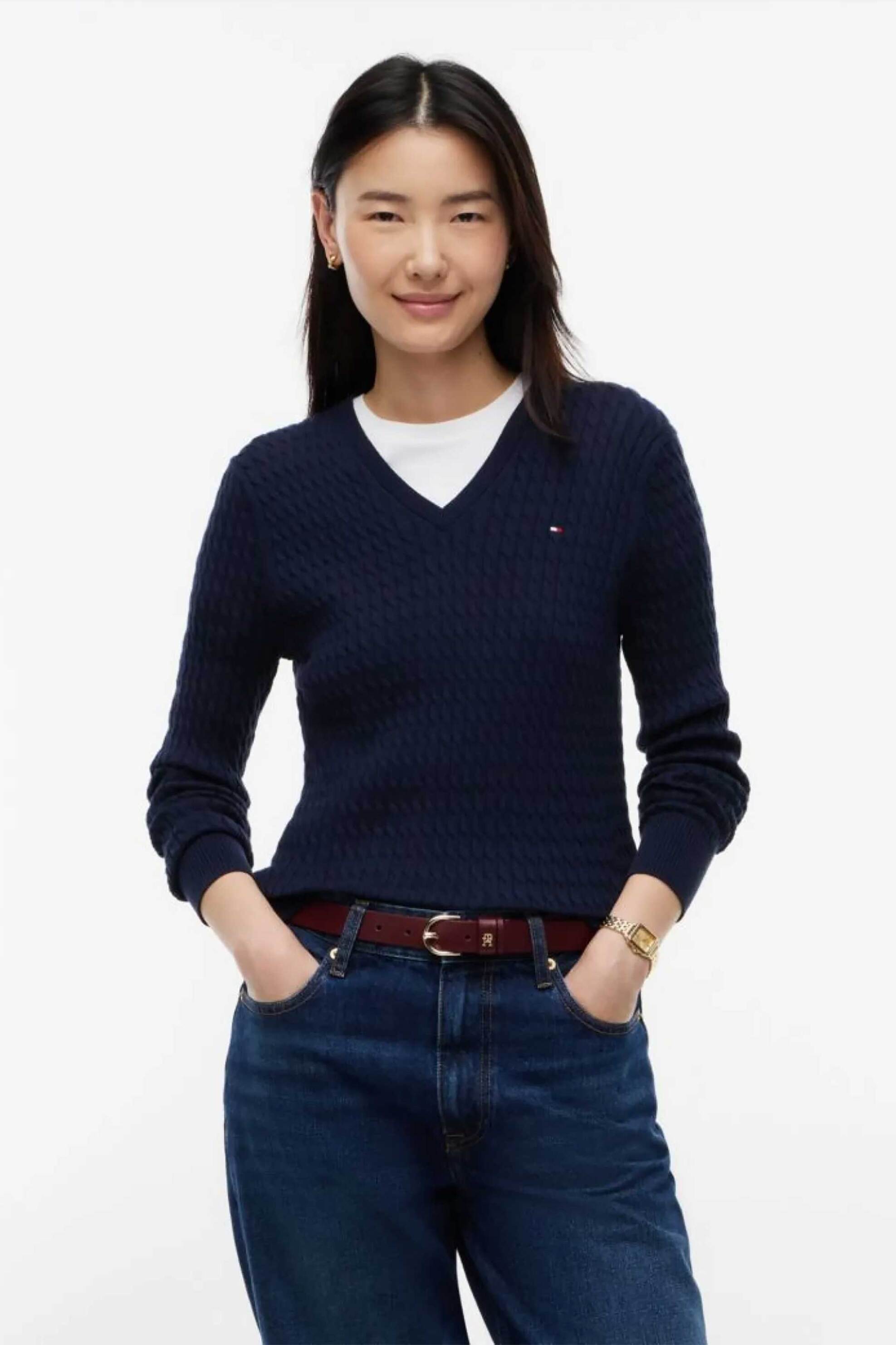 Tommy Hilfiger γυναικείο πουλόβερ με cable knit pattern και κεντημένο λογότυπο Regular Fit - WW0WW44987 Μπλε Σκούρο