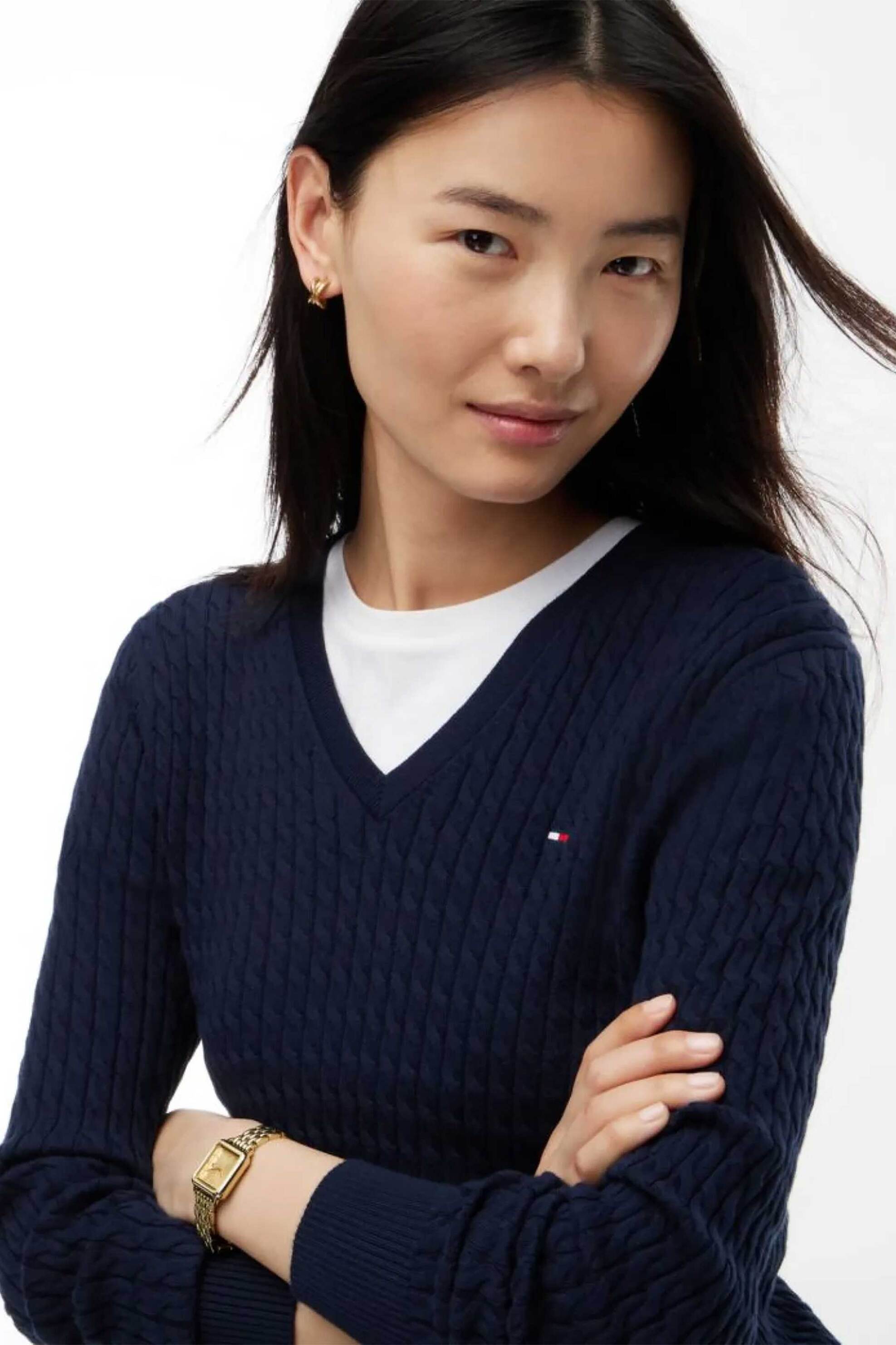Tommy Hilfiger γυναικείο πουλόβερ με cable knit pattern και κεντημένο λογότυπο Regular Fit - WW0WW44987 Μπλε Σκούρο