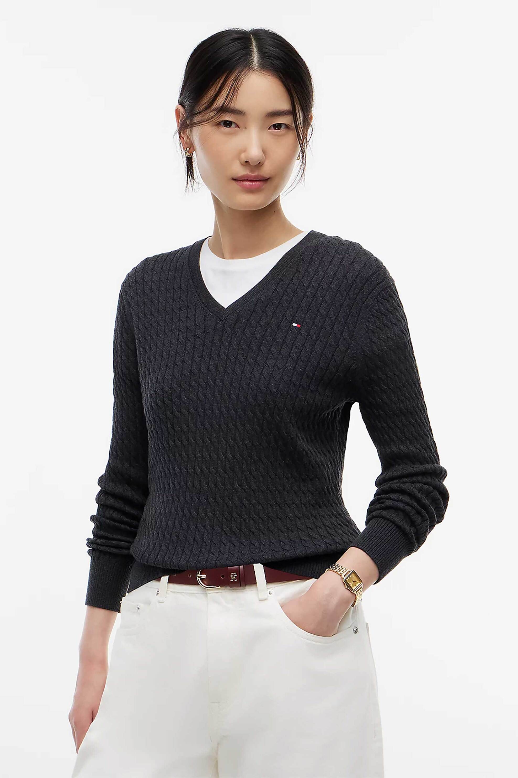 Tommy Hilfiger γυναικείο πουλόβερ με cable knit pattern και κεντημένο λογότυπο Regular Fit - WW0WW44987 Ανθρακί