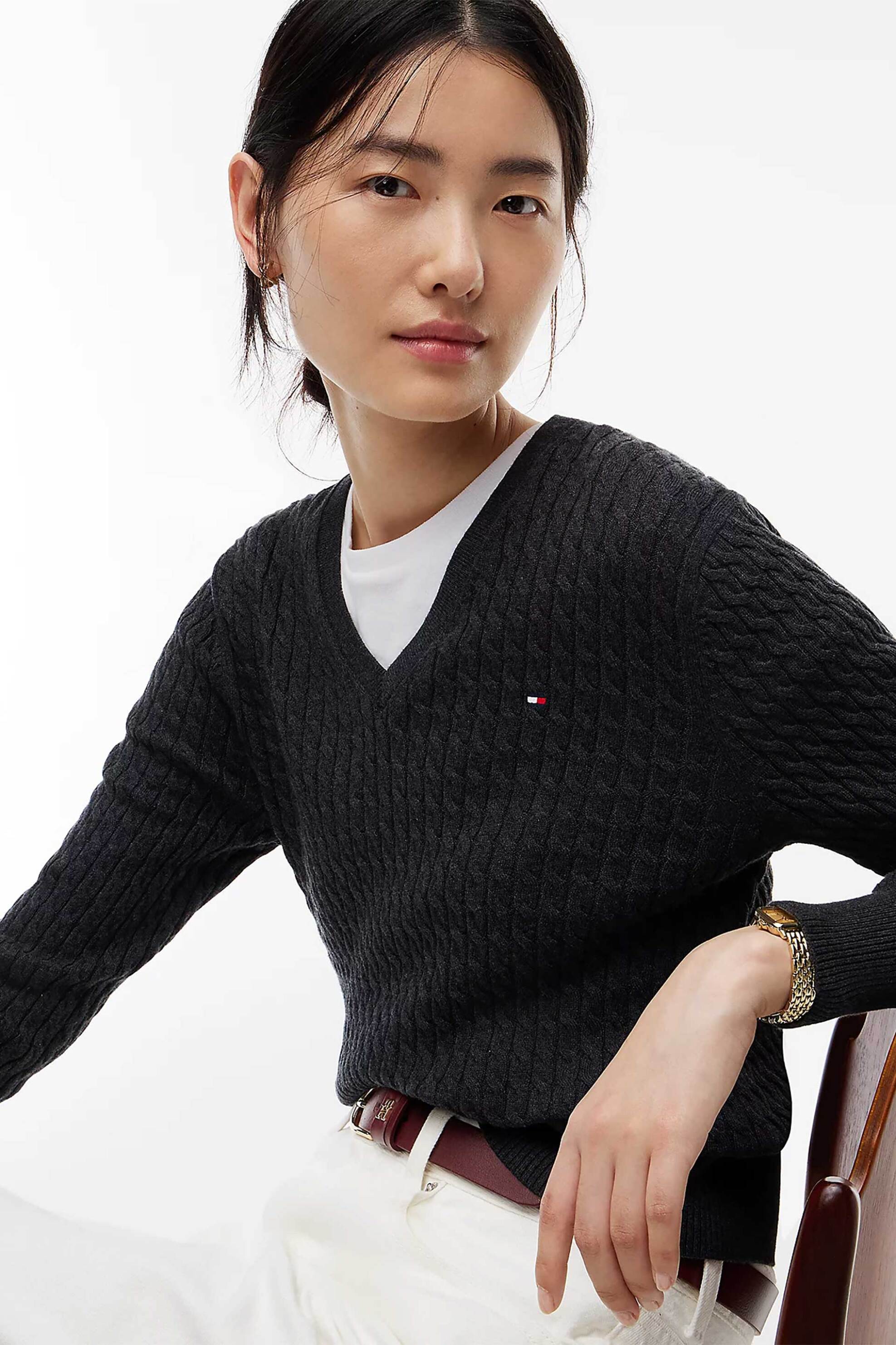 Tommy Hilfiger γυναικείο πουλόβερ με cable knit pattern και κεντημένο λογότυπο Regular Fit - WW0WW44987 Ανθρακί