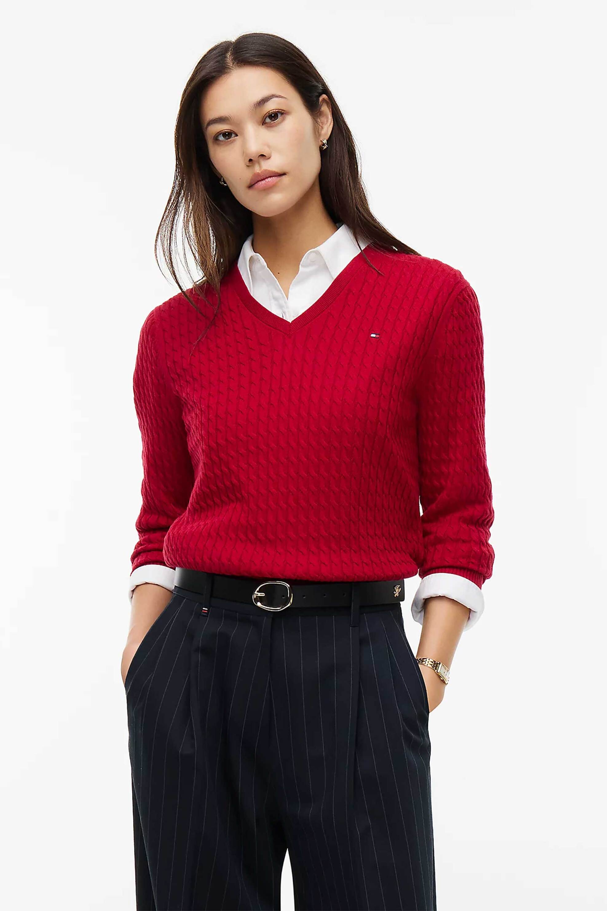 Tommy Hilfiger γυναικείο πουλόβερ με cable knit pattern και κεντημένο λογότυπο Regular Fit - WW0WW44987 Κόκκινο