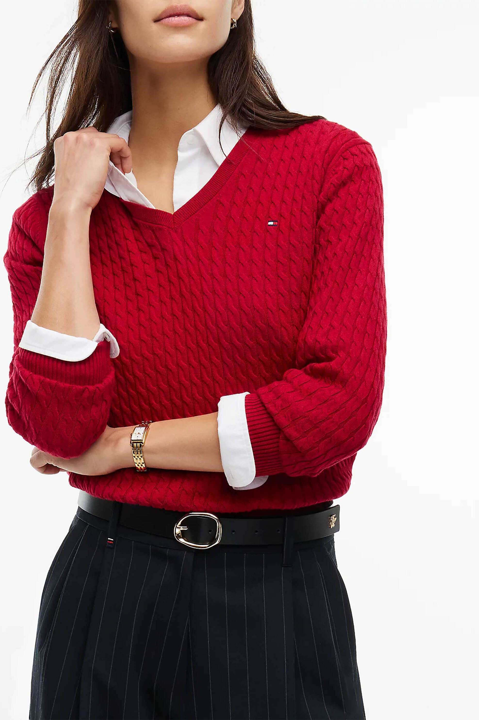 Tommy Hilfiger γυναικείο πουλόβερ με cable knit pattern και κεντημένο λογότυπο Regular Fit - WW0WW44987 Κόκκινο