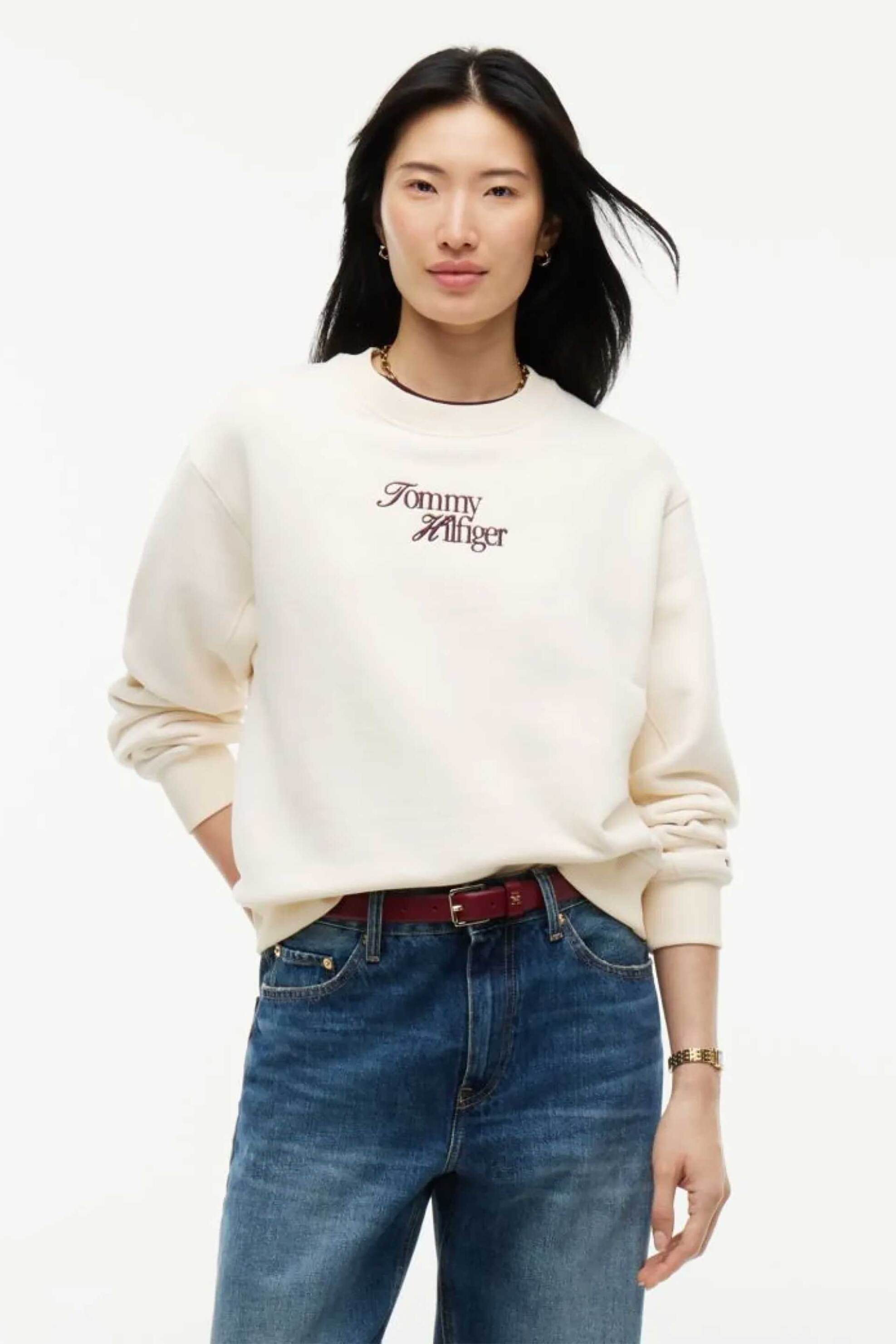 Tommy Hilfiger γυναικεία μπλούζα φούτερ με κεντημένο λογότυπο Relaxed Fit - WW0WW51598 Κρέμ