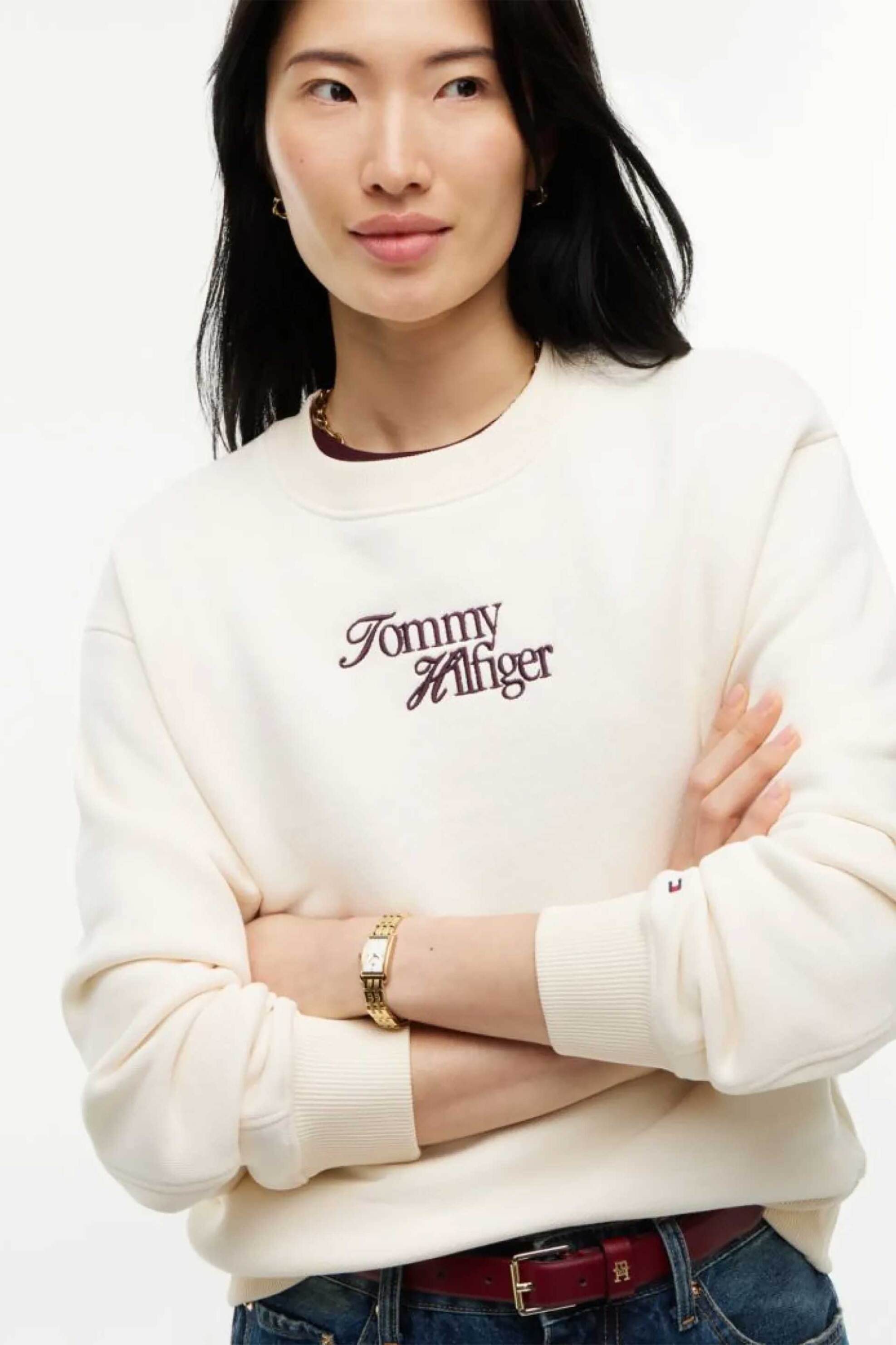 Tommy Hilfiger γυναικεία μπλούζα φούτερ με κεντημένο λογότυπο Relaxed Fit - WW0WW51598 Κρέμ