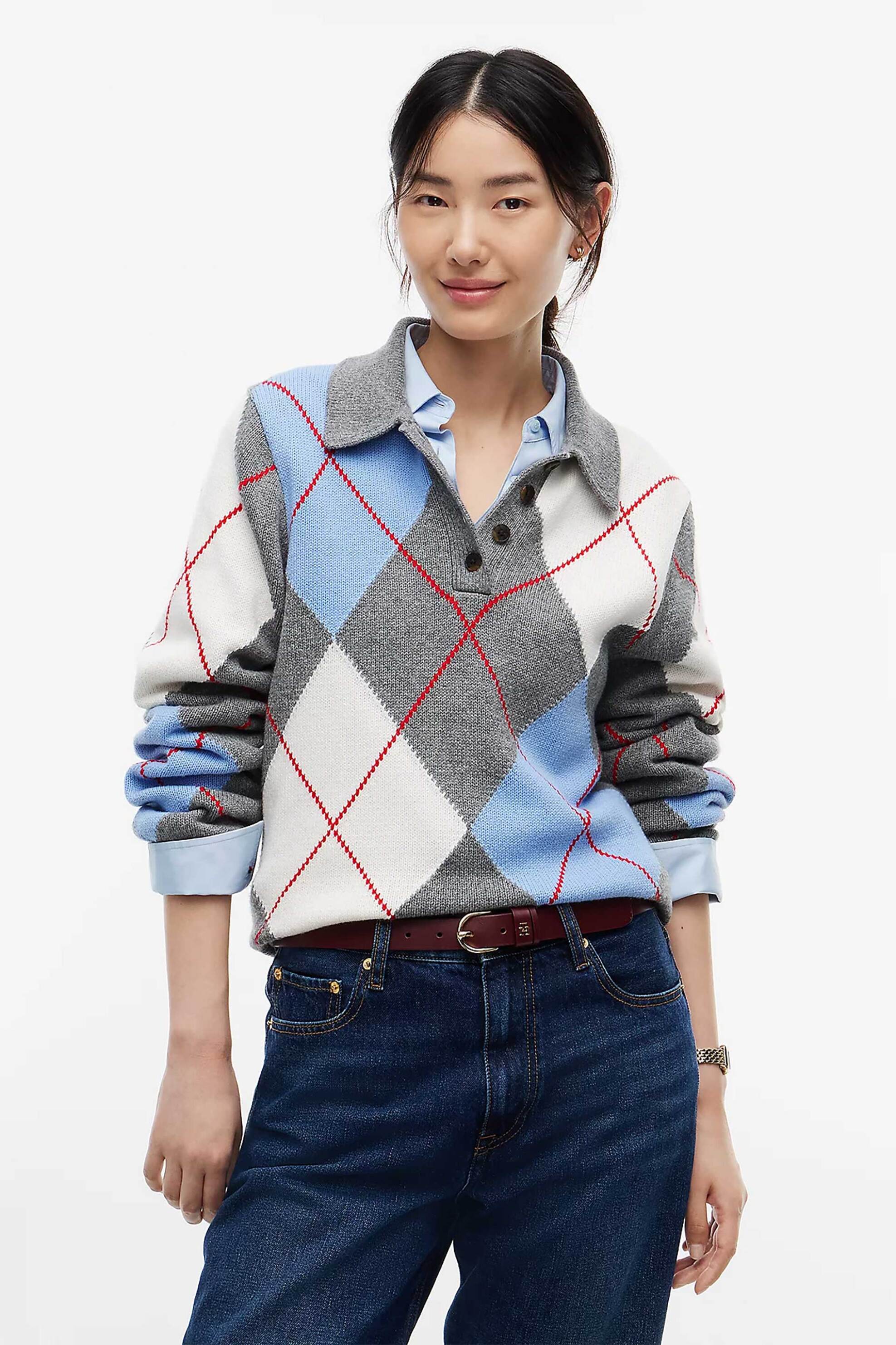 Tommy Hilfiger γυναικεία πλεκτή μπλούζα πόλο με argyle pattern Relaxed Fit - WW0WW52155 Γκρι
