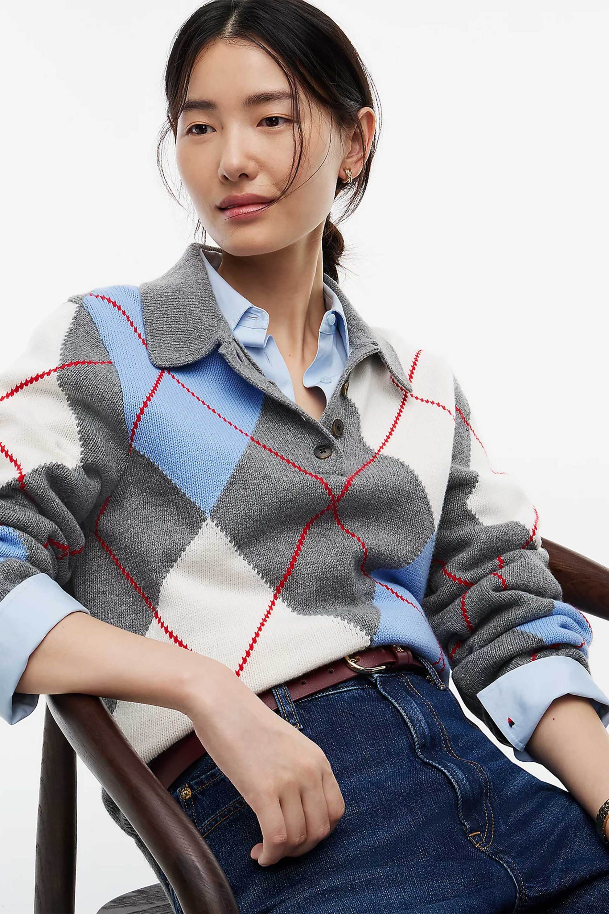 Tommy Hilfiger γυναικεία πλεκτή μπλούζα πόλο με argyle pattern Relaxed Fit - WW0WW52155 Γκρι