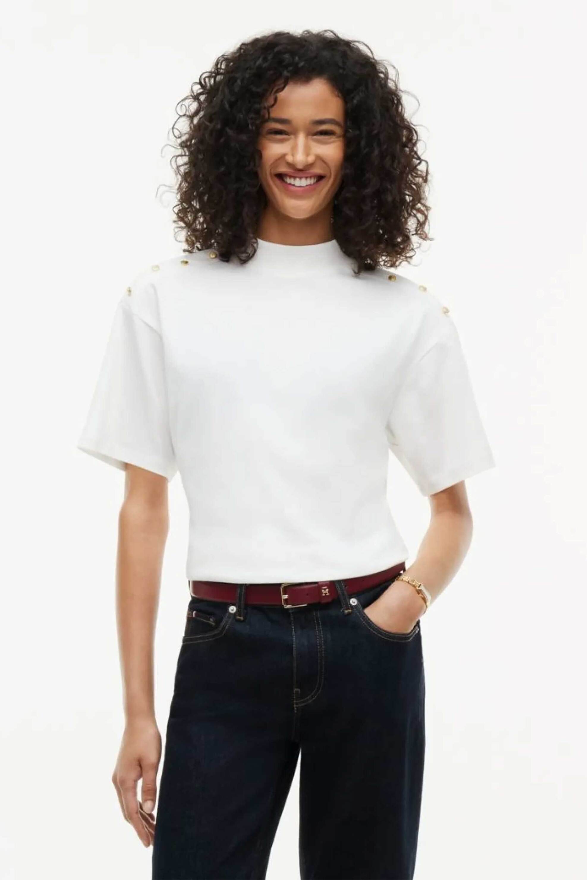 Tommy Hilfiger γυναικεία μπλούζα με χρυσά διακοσμητικά κουμπιά Regular Fit - WW0WW52382 Εκρού