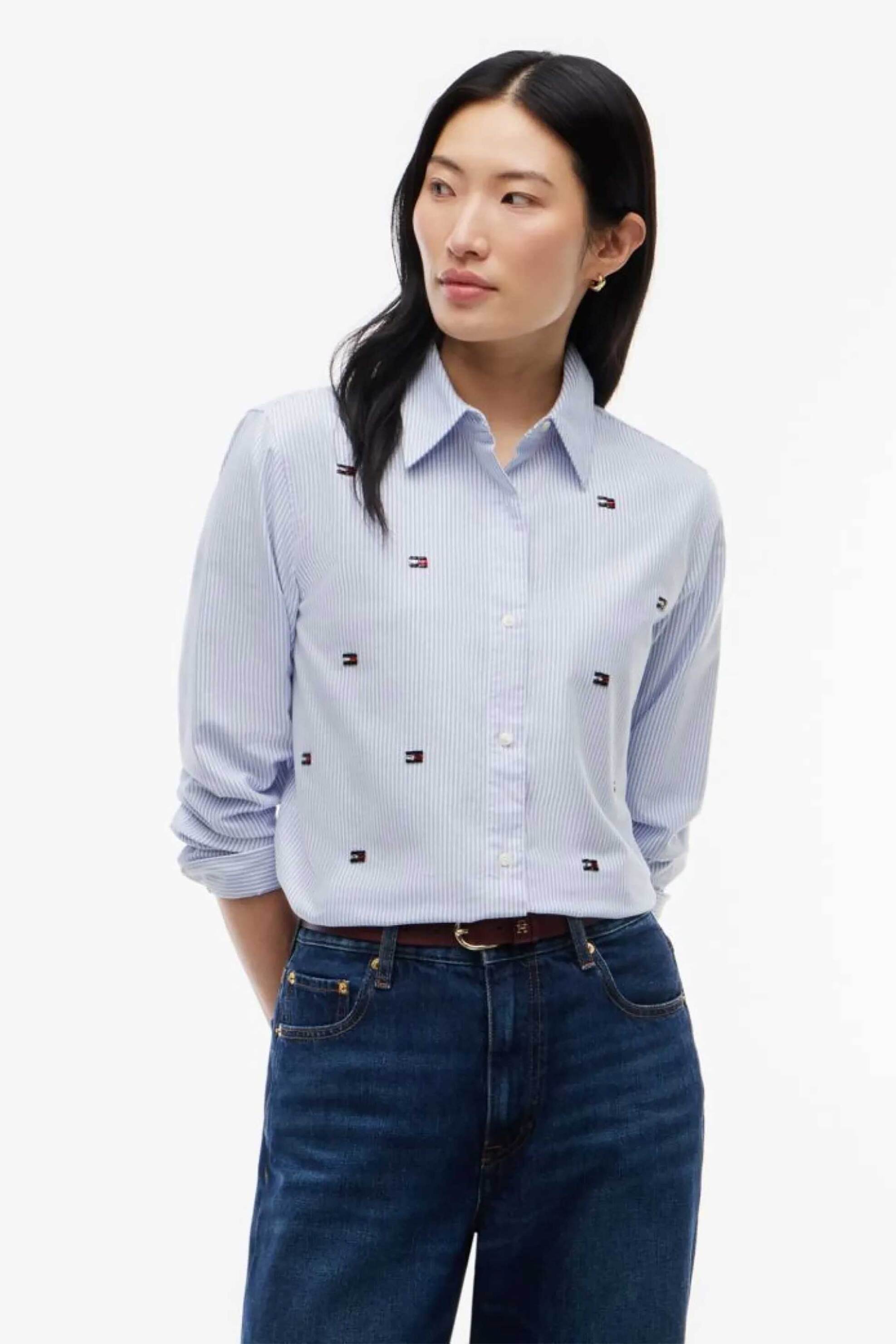 Tommy Hilfiger γυναικείο πουκάμισο oxford με ριγέ σχέδιο και all-over monogram από χάντρες Regular Fit - WW0WW52420 Μπλε Ανοιχτό