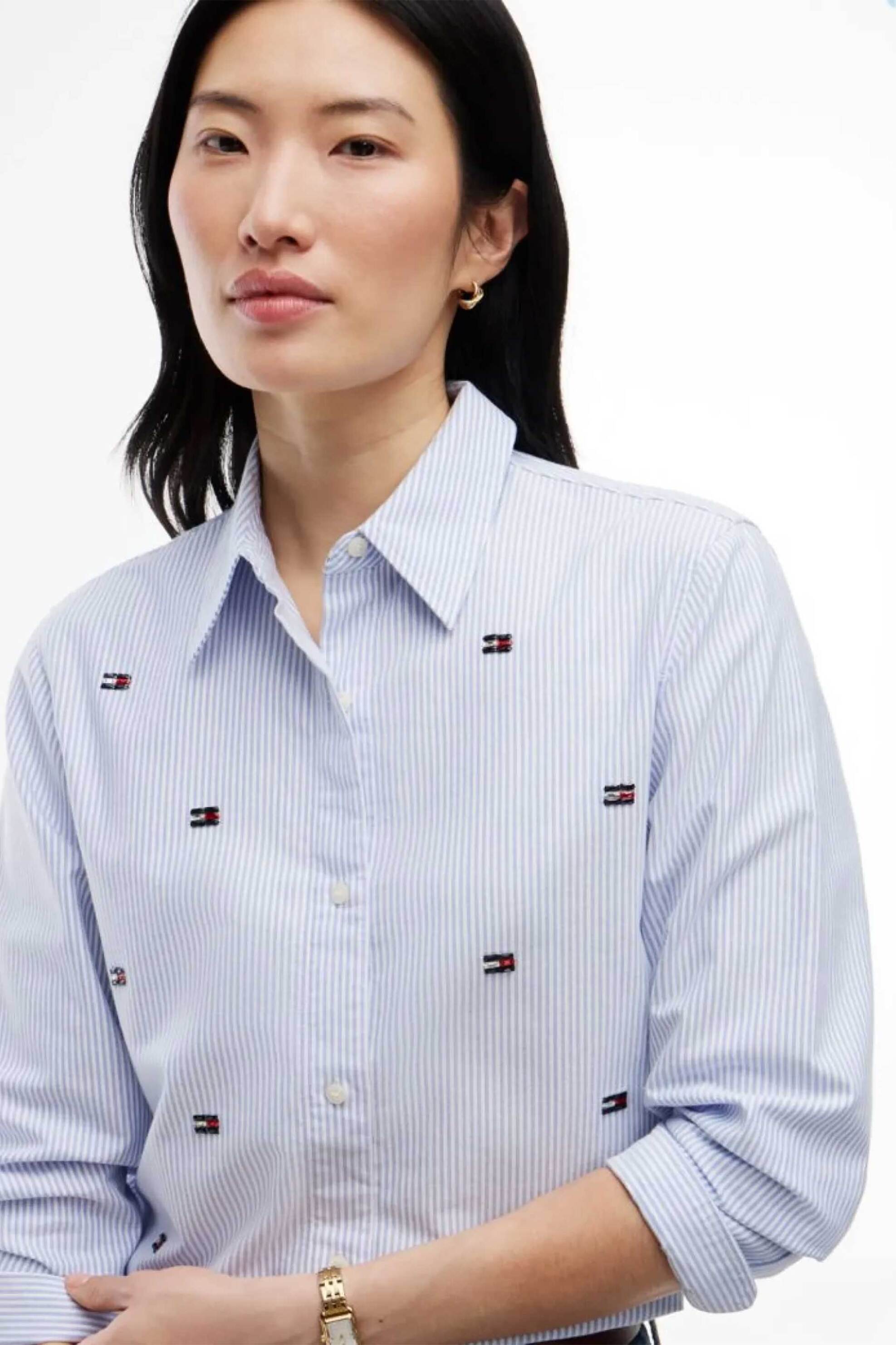 Tommy Hilfiger γυναικείο πουκάμισο oxford με ριγέ σχέδιο και all-over monogram από χάντρες Regular Fit - WW0WW52420 Μπλε Ανοιχτό