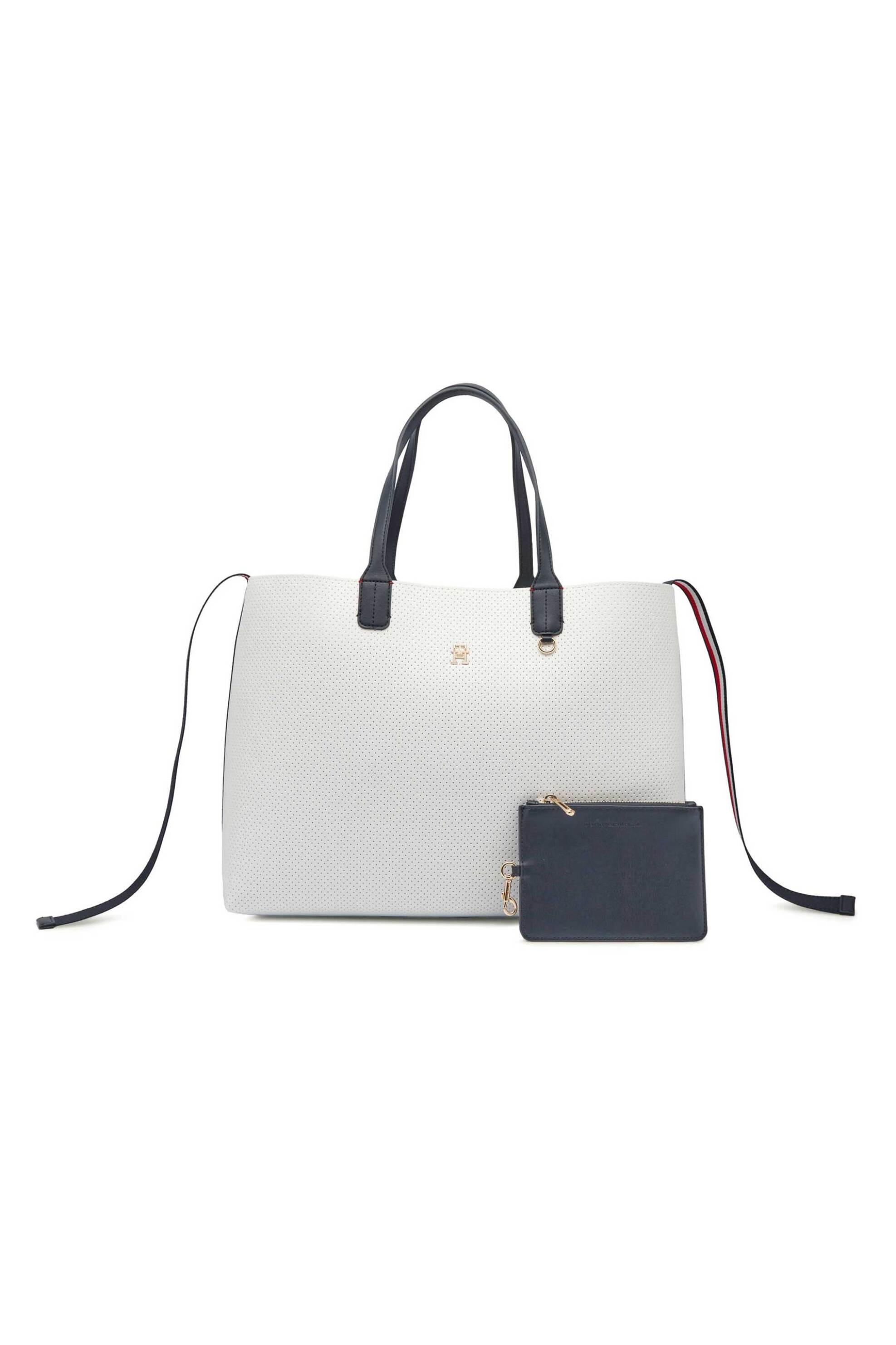 Tommy Hilfiger γυναικεία τσάντα tote μονόχρωμη με all-over διάτρητο σχέδιο και μεταλλικό μονόγραμμα - AW0AW16104 Εκρού
