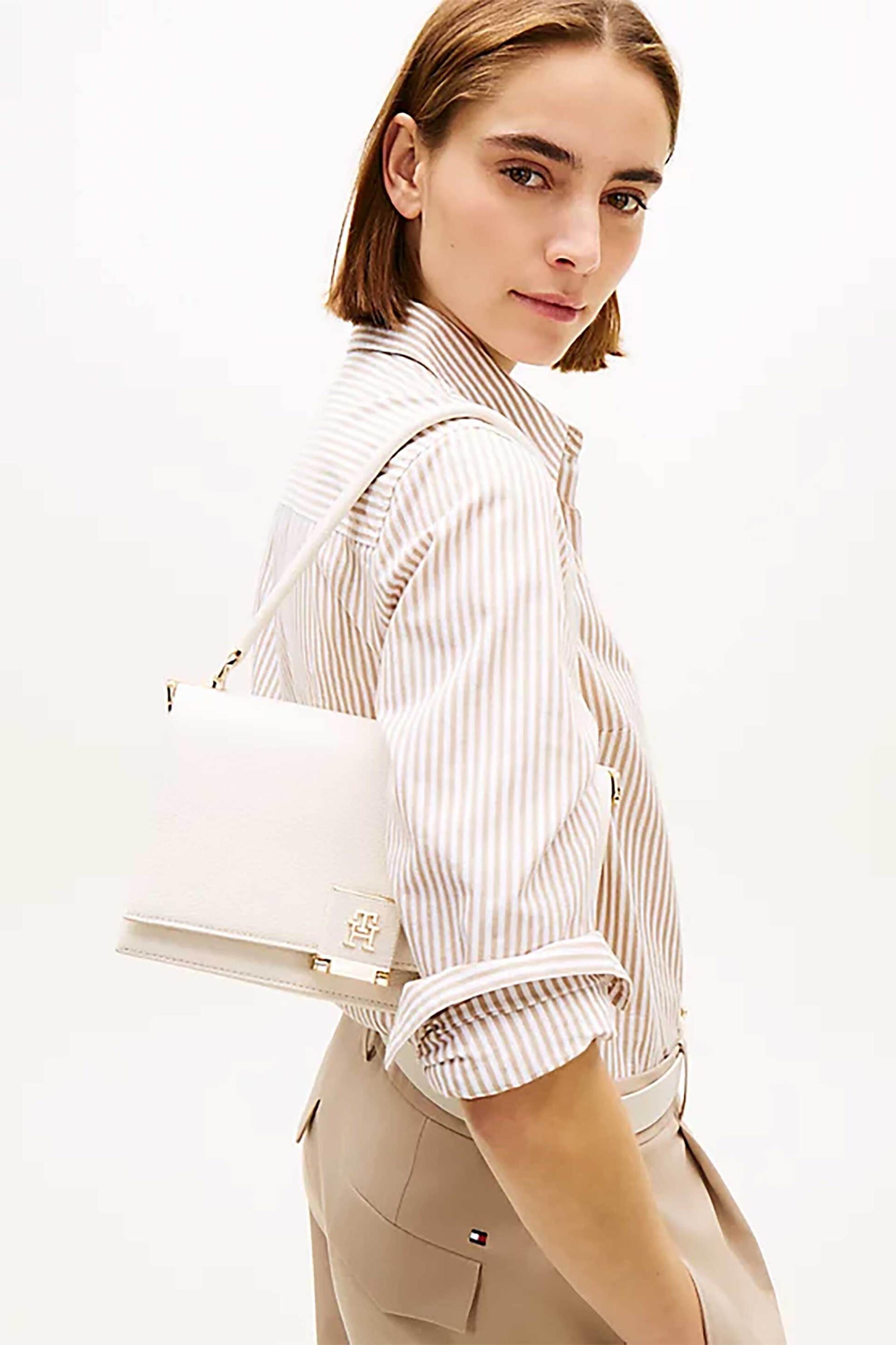 Tommy Hilfiger Γυναικεία Τσάντα Crossbody με Μεταλλικό Monogram Her - Aw0Aw17216 Κρέμ