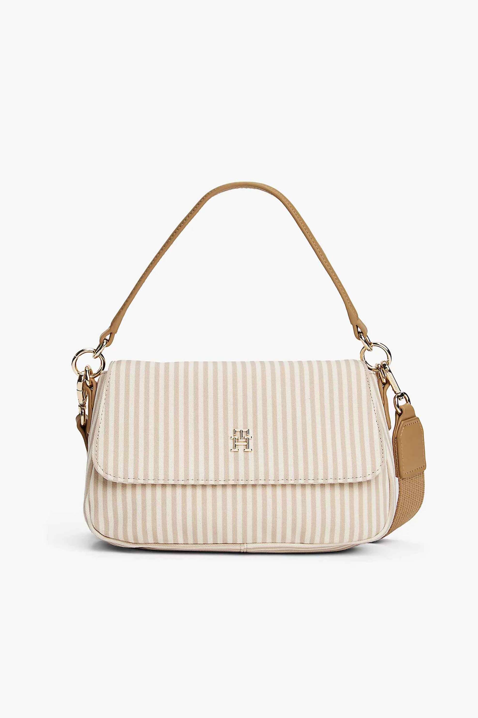 TOMMY HILFIGER Tommy Hilfiger γυναικεία τσάντα ώμου/crossbody με ριγέ σχέδιο και μεταλλικό monogram "Poppy Summer" - AW0AW17166 Μπεζ