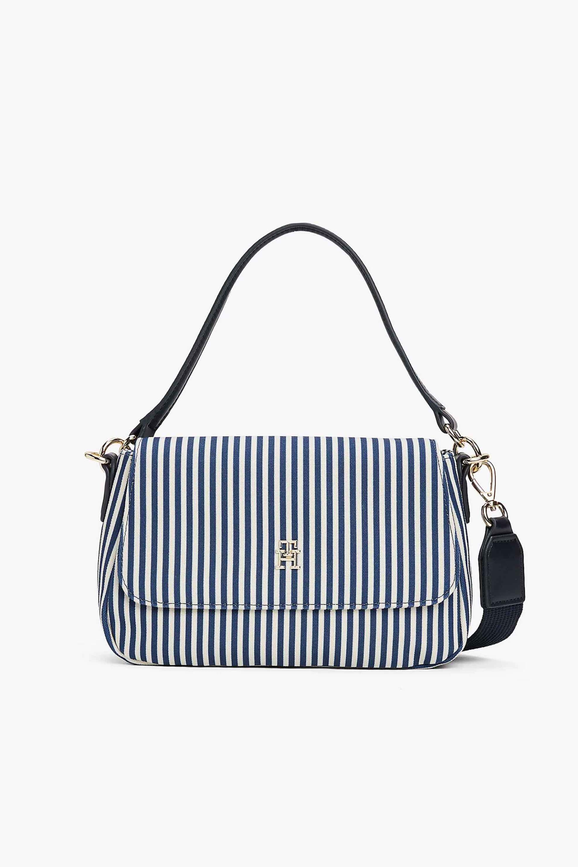 TOMMY HILFIGER Tommy Hilfiger γυναικεία τσάντα ώμου/crossbody με ριγέ σχέδιο και μεταλλικό monogram "Poppy Summer" - AW0AW17166 Μπλε Σκούρο
