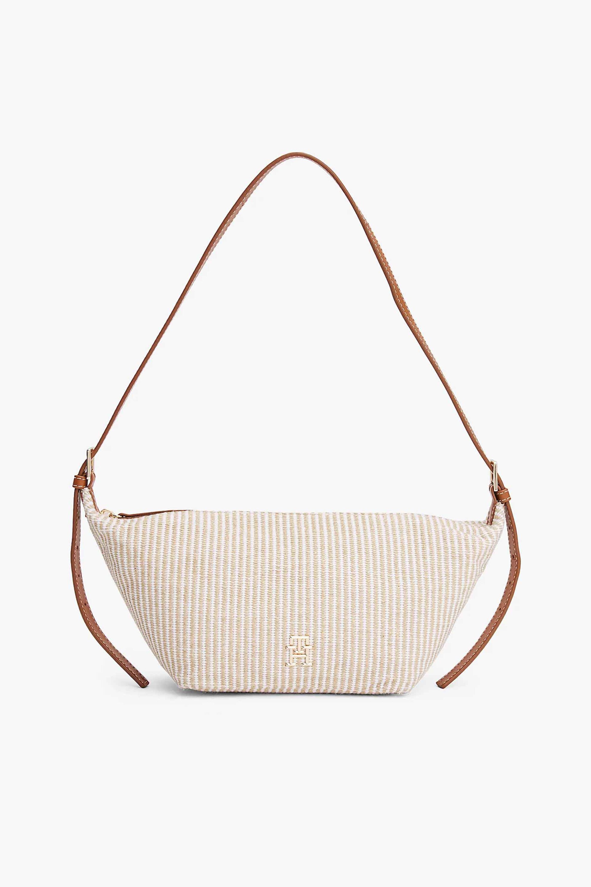 TOMMY HILFIGER Tommy Hilfiger γυναικεία τσάντα ώμου με πλεκτό ριγέ σχέδιο και μεταλλικό monogram "Premium Beach" - AW0AW17177 Μπεζ