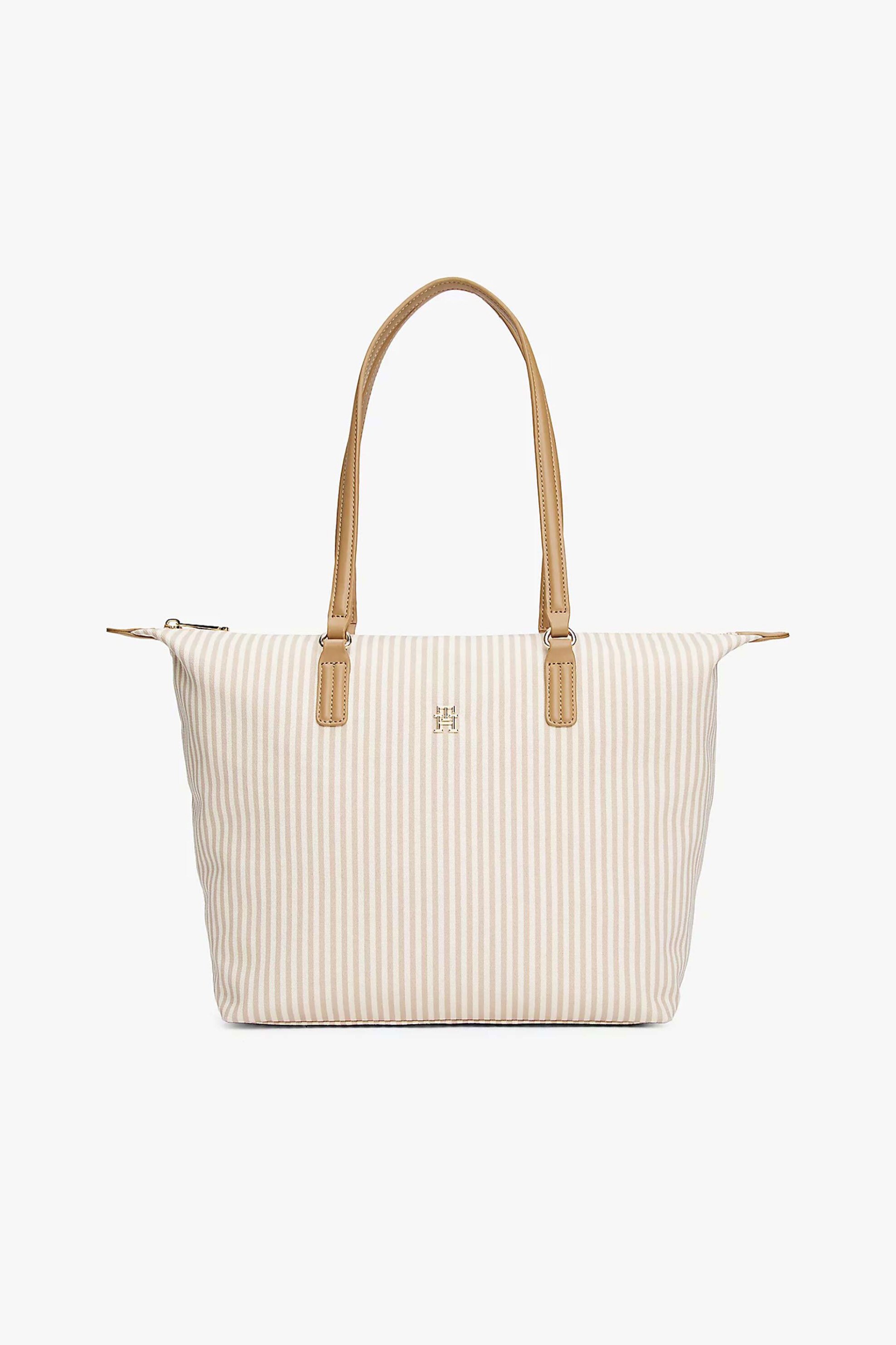 TOMMY HILFIGER Tommy Hilfiger γυναικεία τσάντα tote με ριγέ σχέδιο και μεταλλικό monogram "Poppy Summer" - AW0AW17203 Μπεζ