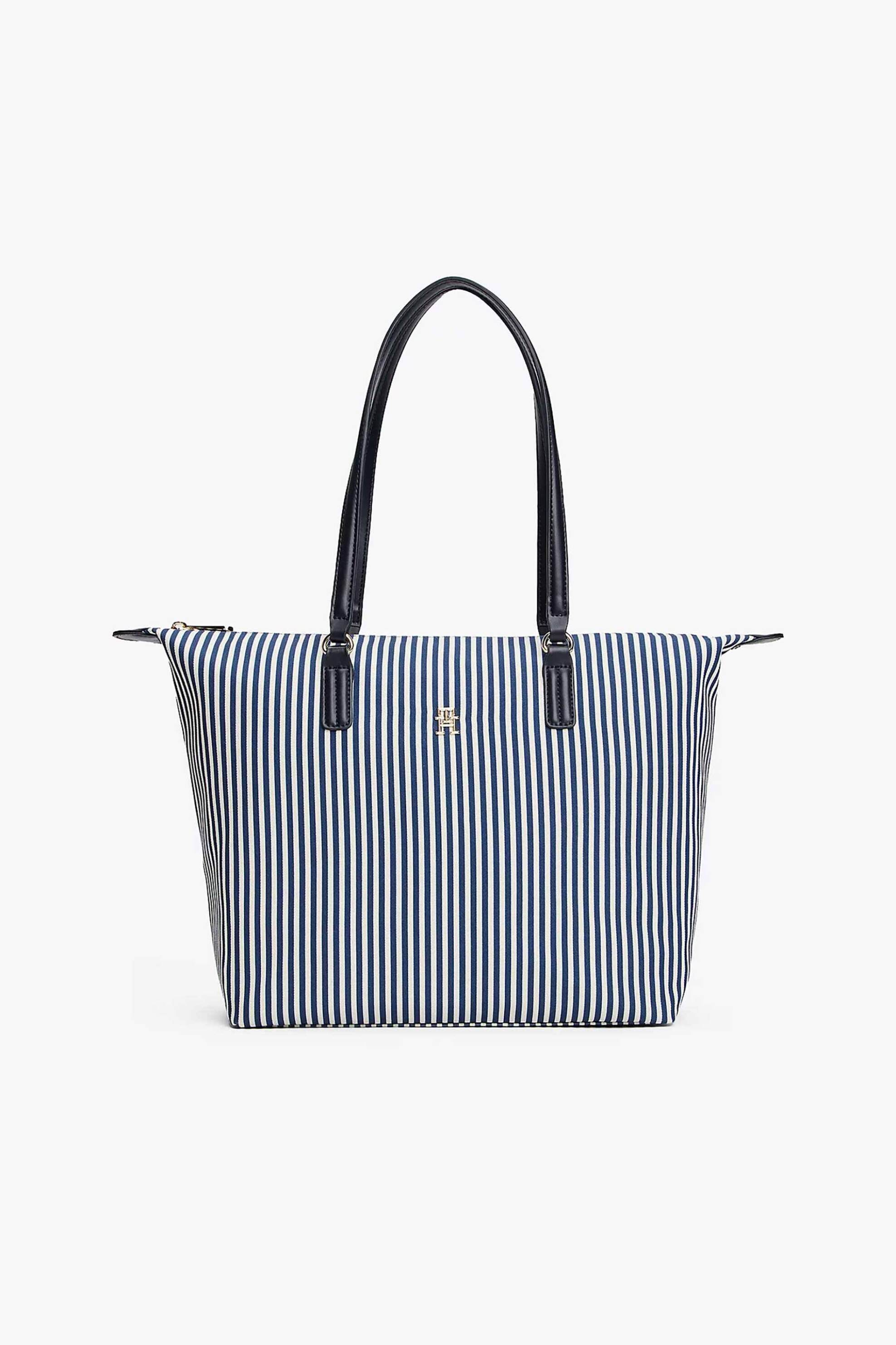 TOMMY HILFIGER Tommy Hilfiger γυναικεία τσάντα tote με ριγέ σχέδιο και μεταλλικό monogram "Poppy Summer" - AW0AW17203 Μπλε Σκούρο