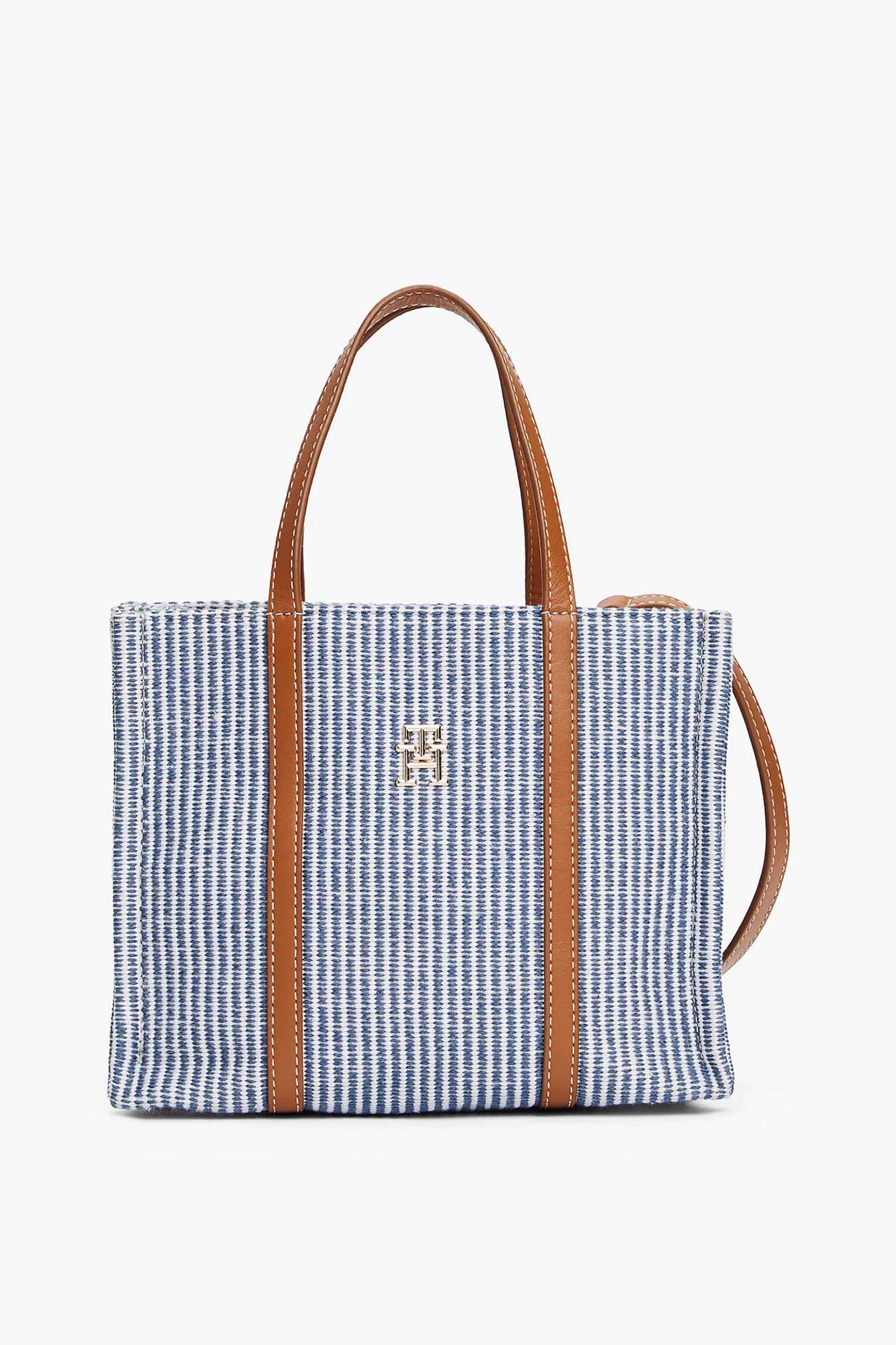 Tommy Hilfiger γυναικεία τσάντα mini tote με πλεκτό ριγέ σχέδιο και μεταλλικό monogram "Premium Beach" - AW0AW17208 Μπλε