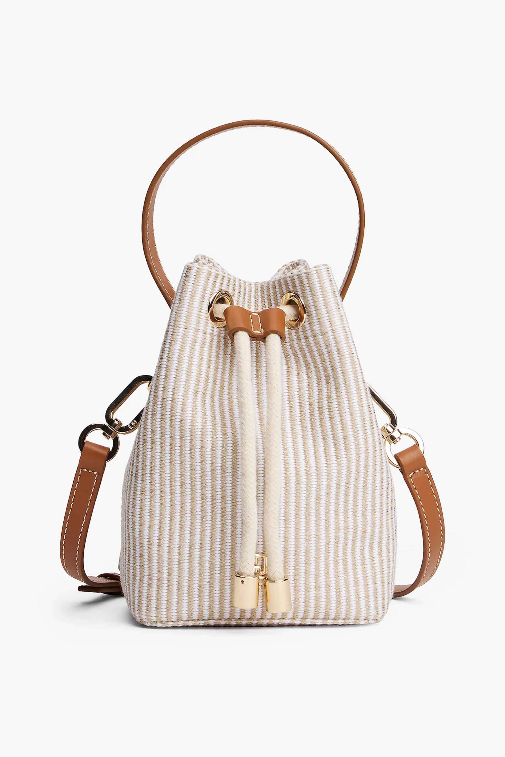TOMMY HILFIGER Tommy Hilfiger γυναικεία τσάντα bucket με πλεκτό ριγέ σχέδιο και μεταλλικό monogram "Premium Beach" - AW0AW17215 Μπεζ