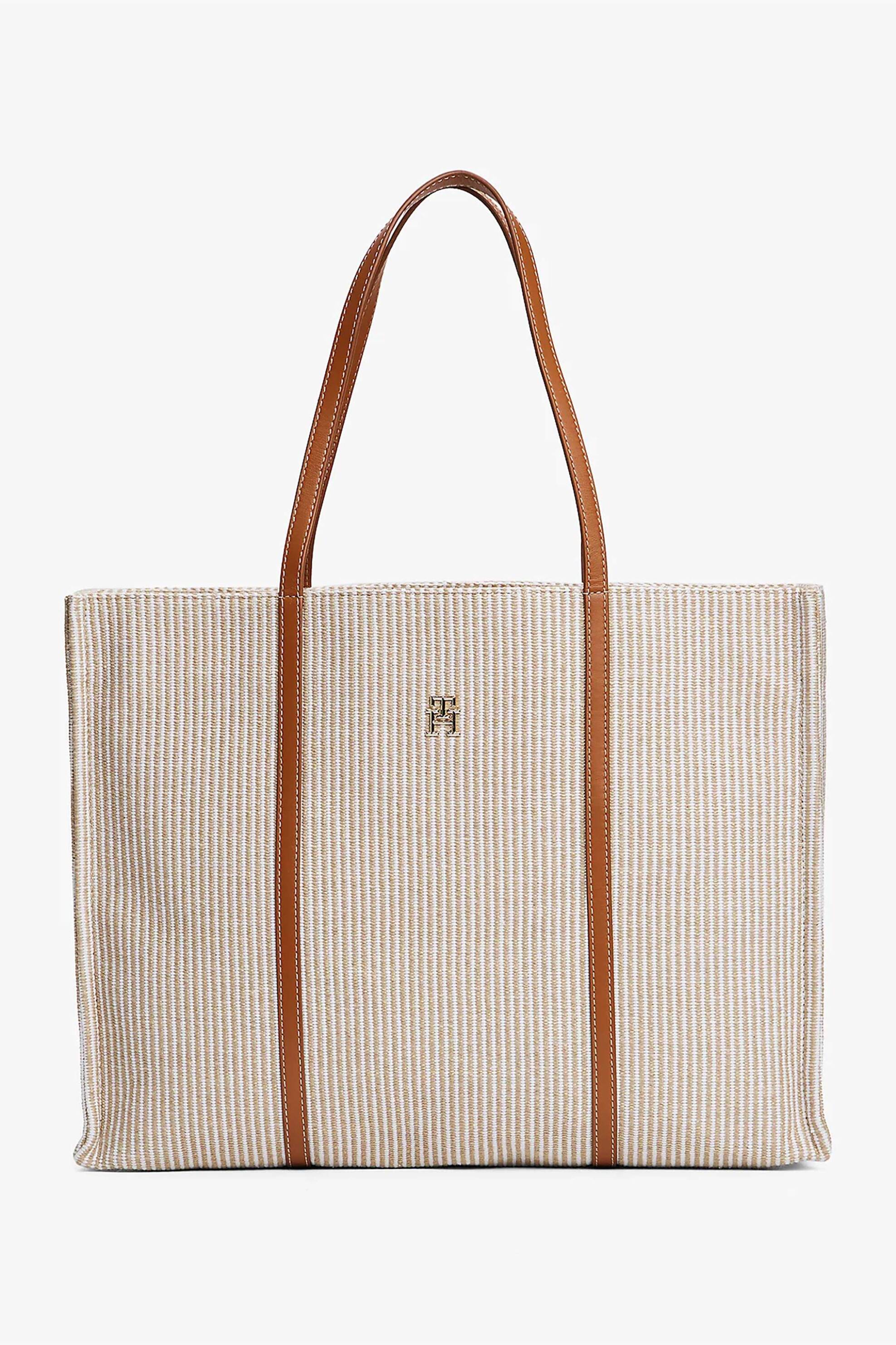 TOMMY HILFIGER Tommy Hilfiger γυναικεία τσάντα tote με πλεκτό ριγέ σχέδιο και μεταλλικό monogram "Premium Beach" - AW0AW17418 Μπεζ
