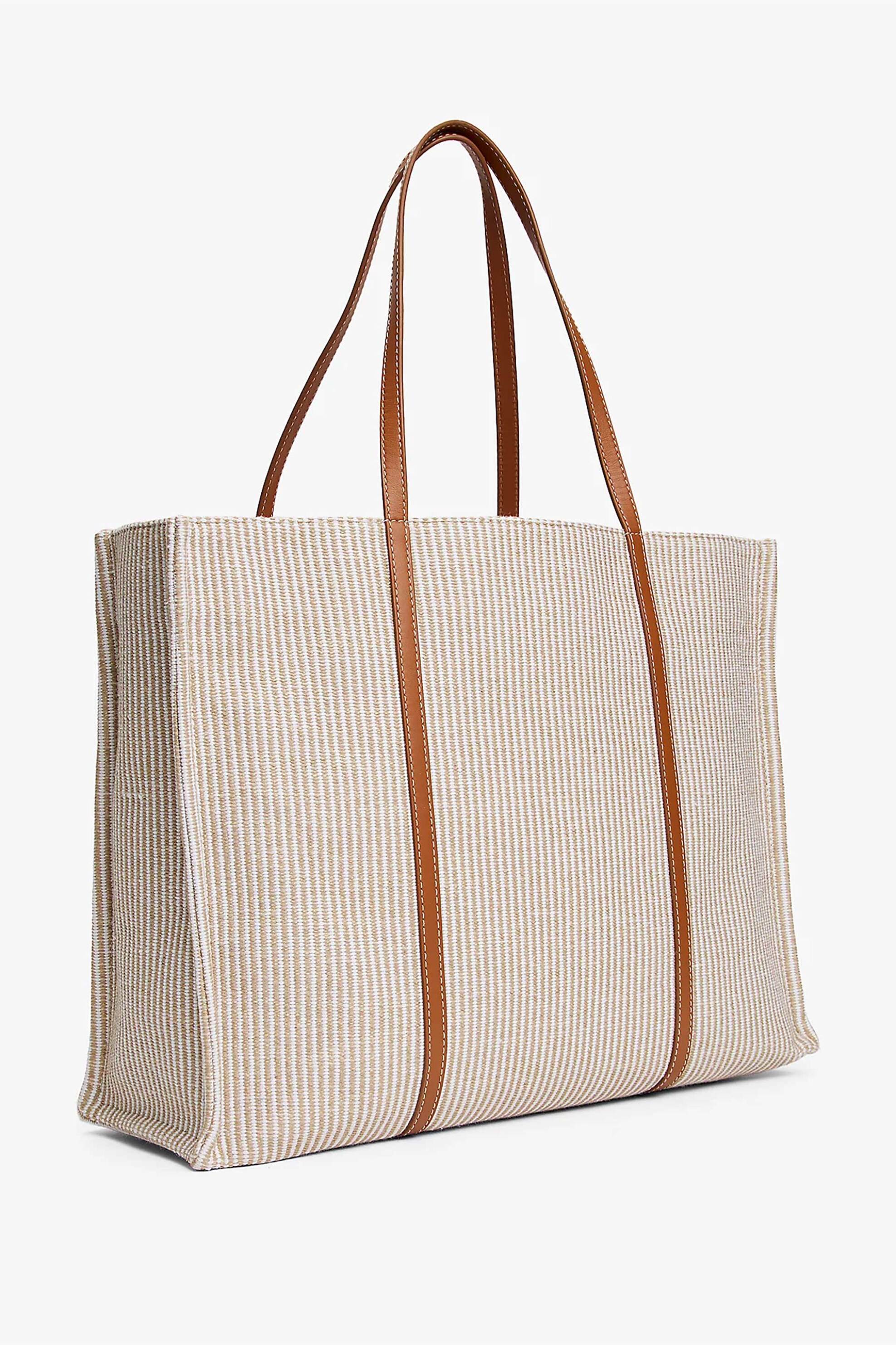 Tommy Hilfiger γυναικεία τσάντα tote με πλεκτό ριγέ σχέδιο και μεταλλικό monogram "Premium Beach" - AW0AW17418 Μπεζ φωτογραφία
