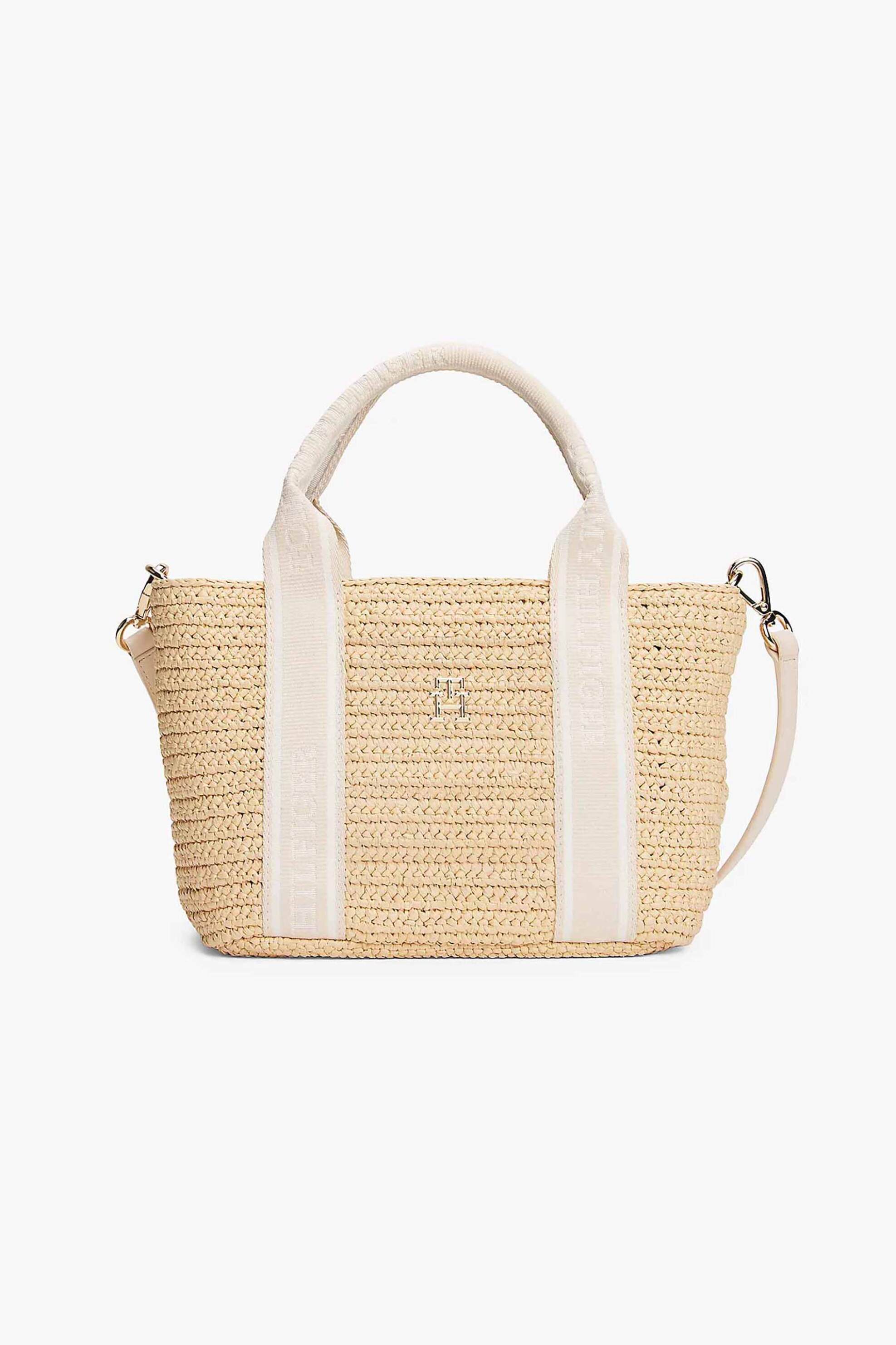 Tommy Hilfiger γυναικεία ψάθινη τσάντα mini tote με μεταλλικό monogram "Spring Logo" - AW0AW17199 Μπεζ