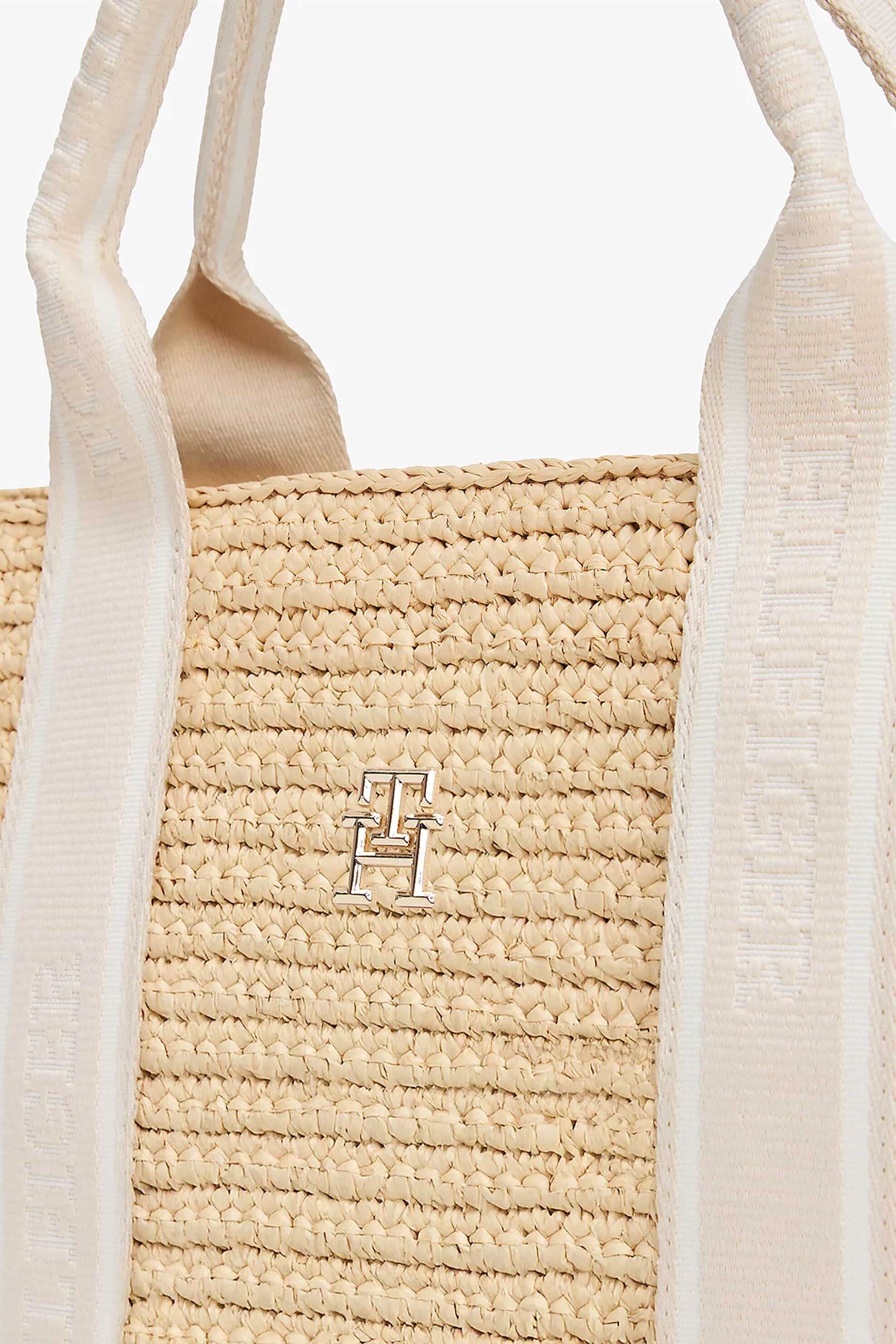 TOMMY HILFIGER Tommy Hilfiger γυναικεία ψάθινη τσάντα mini tote με μεταλλικό monogram "Spring Logo" - AW0AW17199 Μπεζ - 3