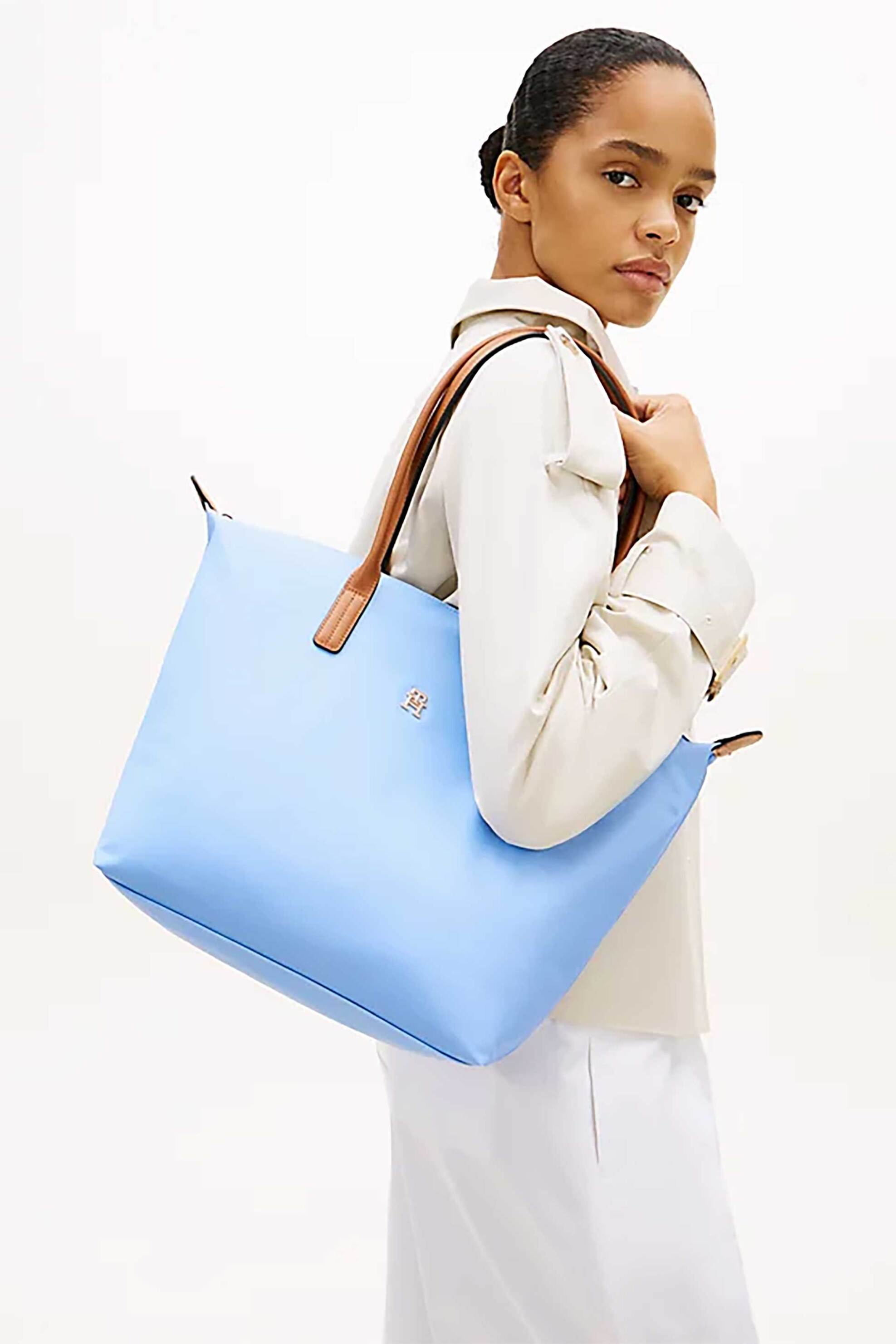 Tommy Hilfiger Γυναικεία Τσάντα Tote με Μεταλλικό Μονόγραμμα Popette - Aw0Aw17711 Γαλάζιο
