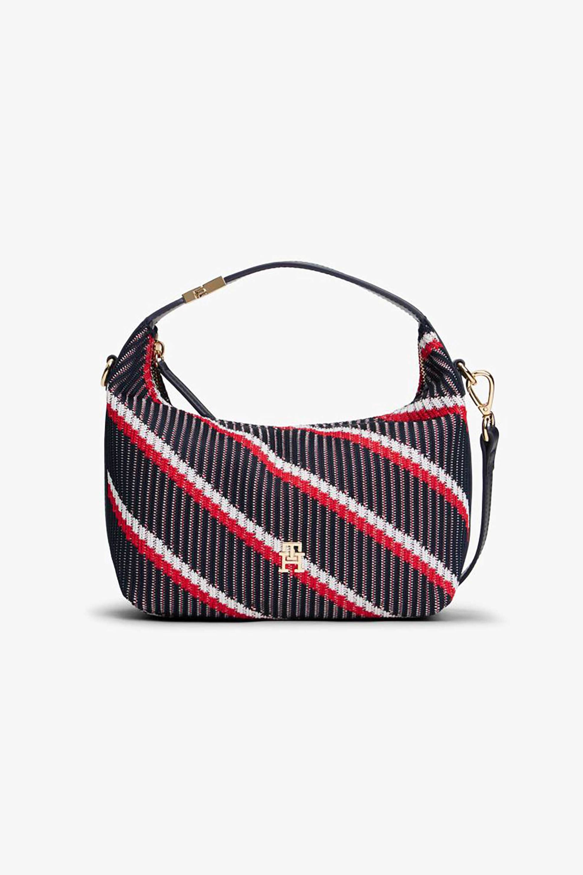 Tommy Hilfiger γυναικεία τσάντα ώμου hobo με μεταλλικό monogram και ριγέ σχέδιο "TH Monogram Signature" - AW0AW18165 Σκούρο Μπλε