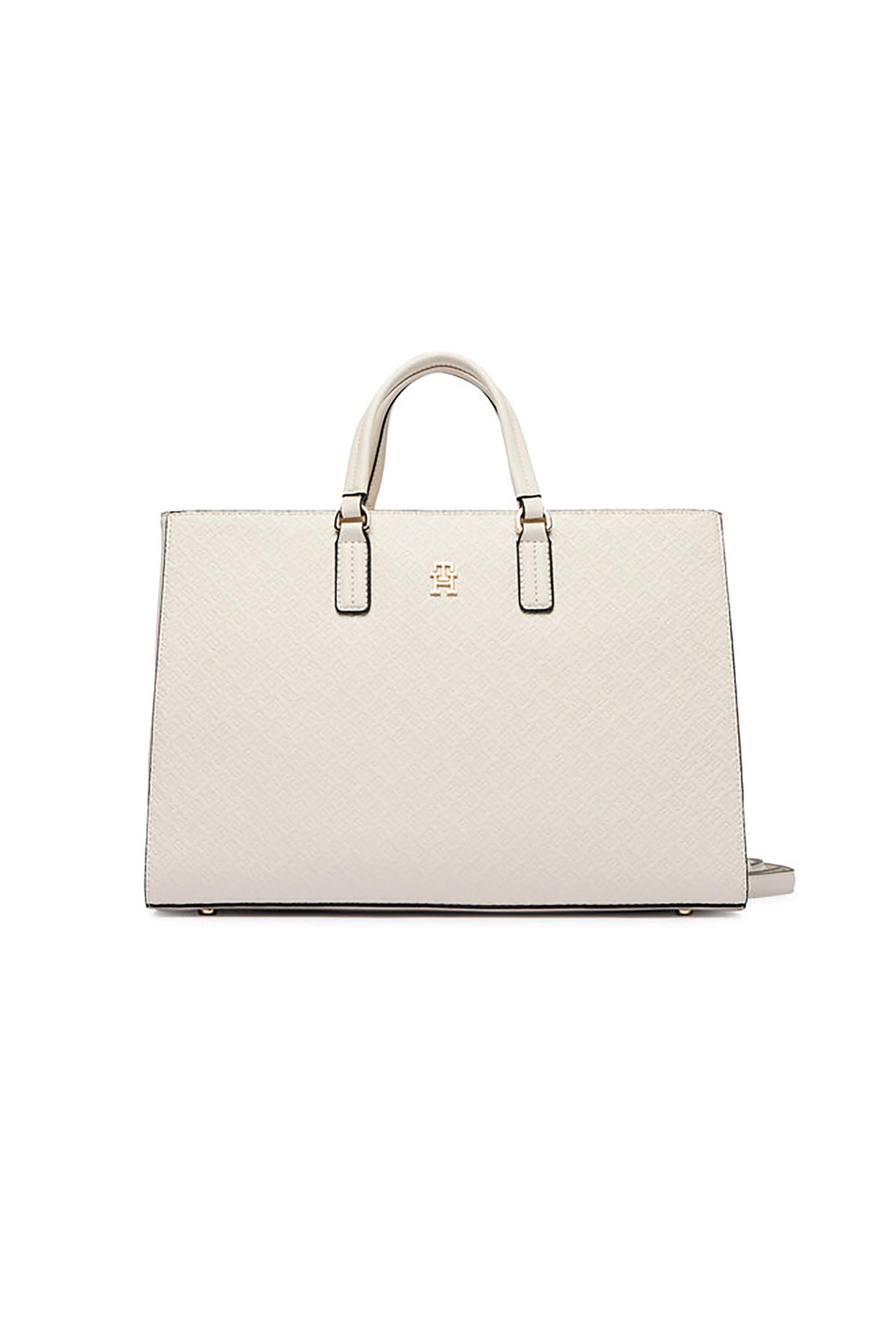 Tommy Hilfiger γυναικεία τσάντα χειρός με μεταλλικό λογότυπο "TH Daily Satchel" - AW0AW18418 Εκρού