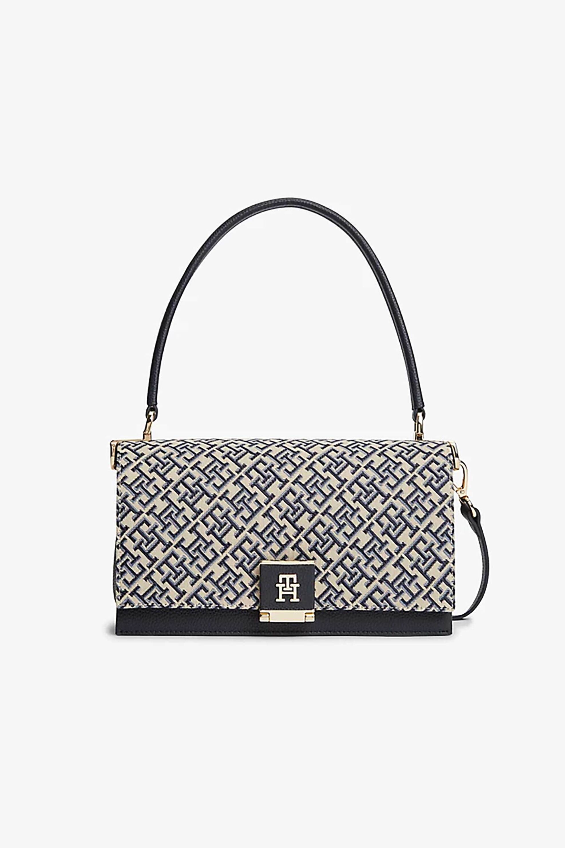 Tommy Hilfiger γυναικεία τσάντα crossbody/χειρός με μεταλλικό monogram και all-over logo print "TH Her" - AW0AW18638 Σκούρο Μπλε