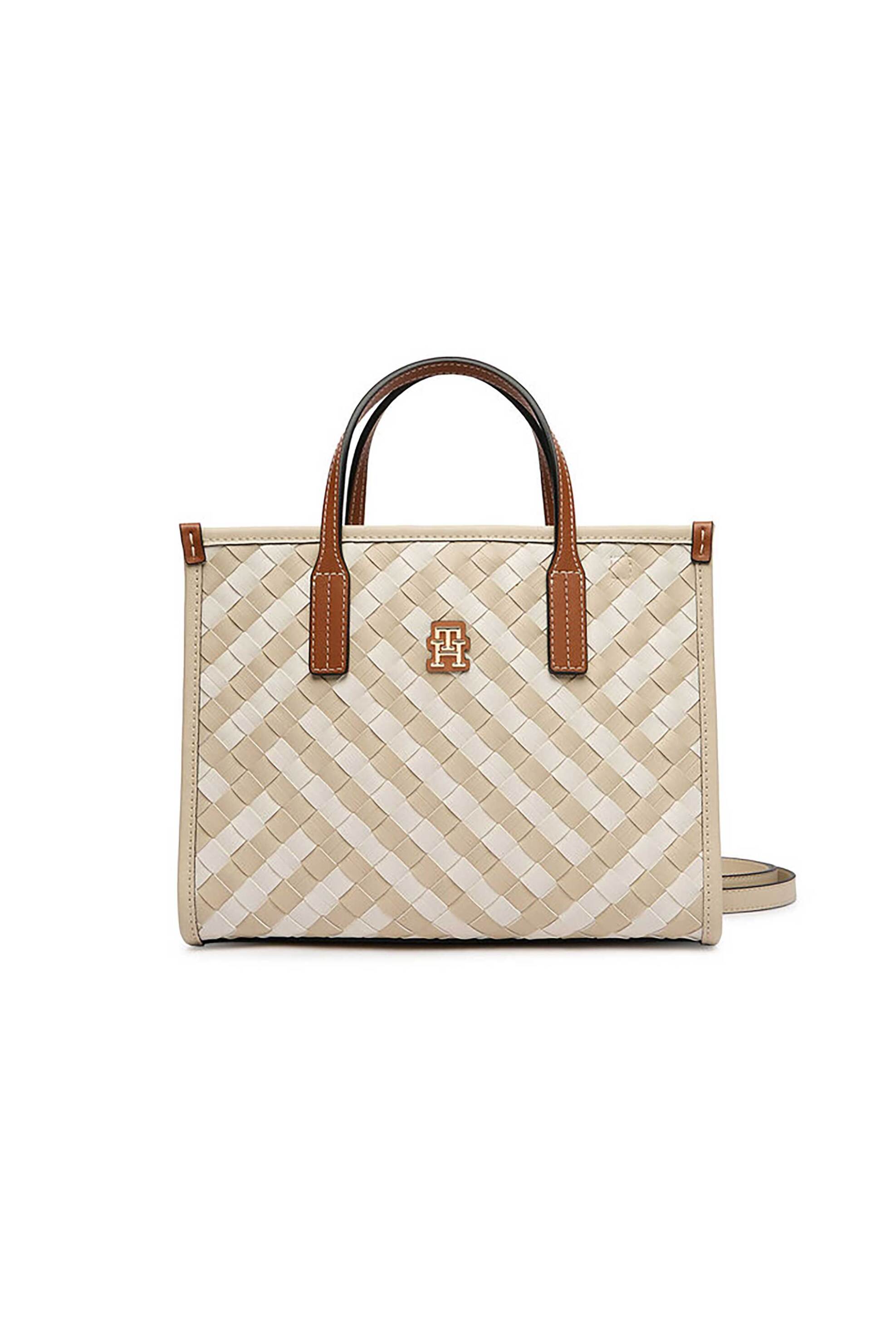 Tommy Hilfiger γυναικείο mini bag tote με μεταλλικό monogram και πλεκτό σχέδιο "TH City" - AW0AW18393 Λευκό