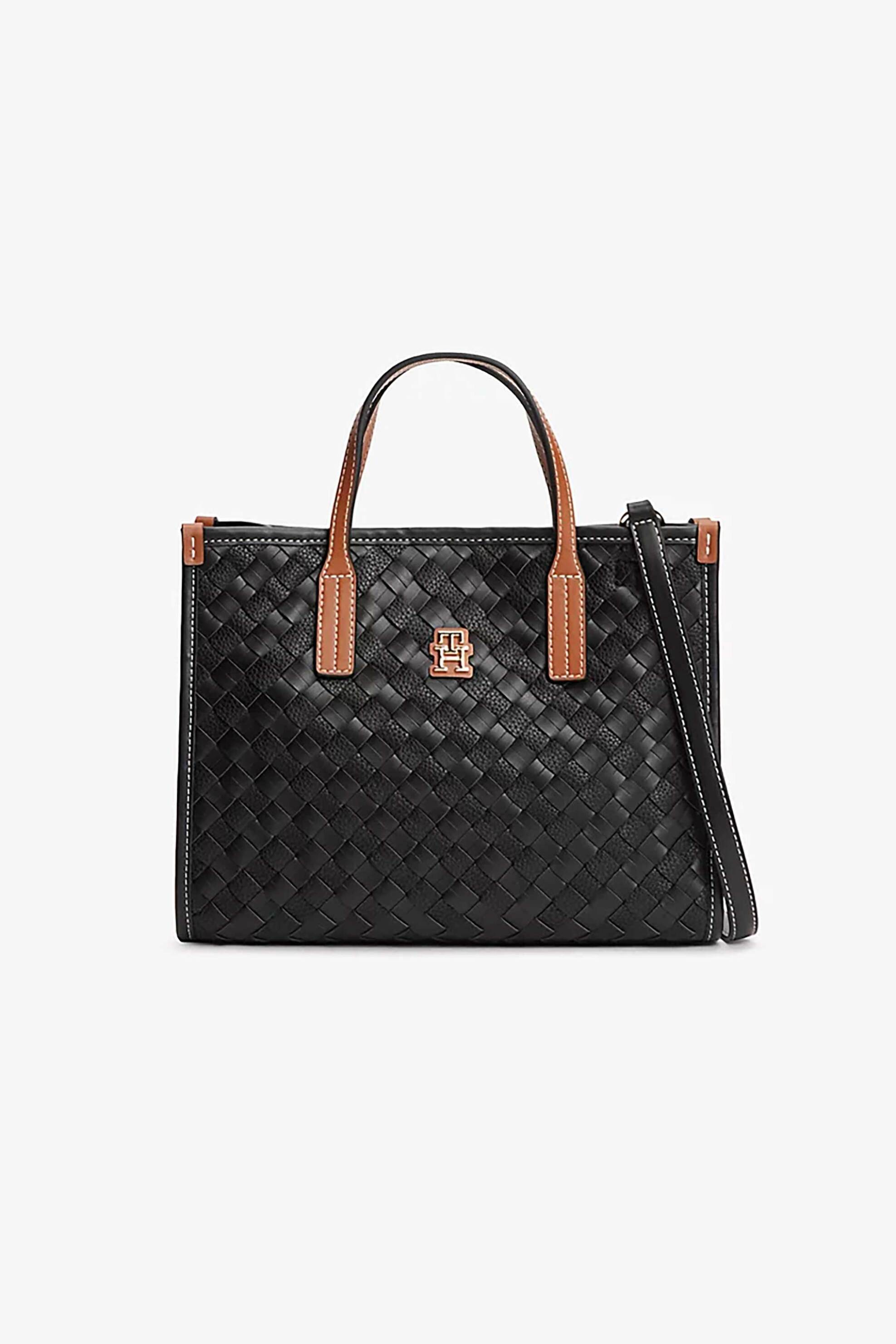 Tommy Hilfiger γυναικείο mini bag tote με μεταλλικό monogram και πλεκτό σχέδιο "TH City" - AW0AW18393 Μαύρο
