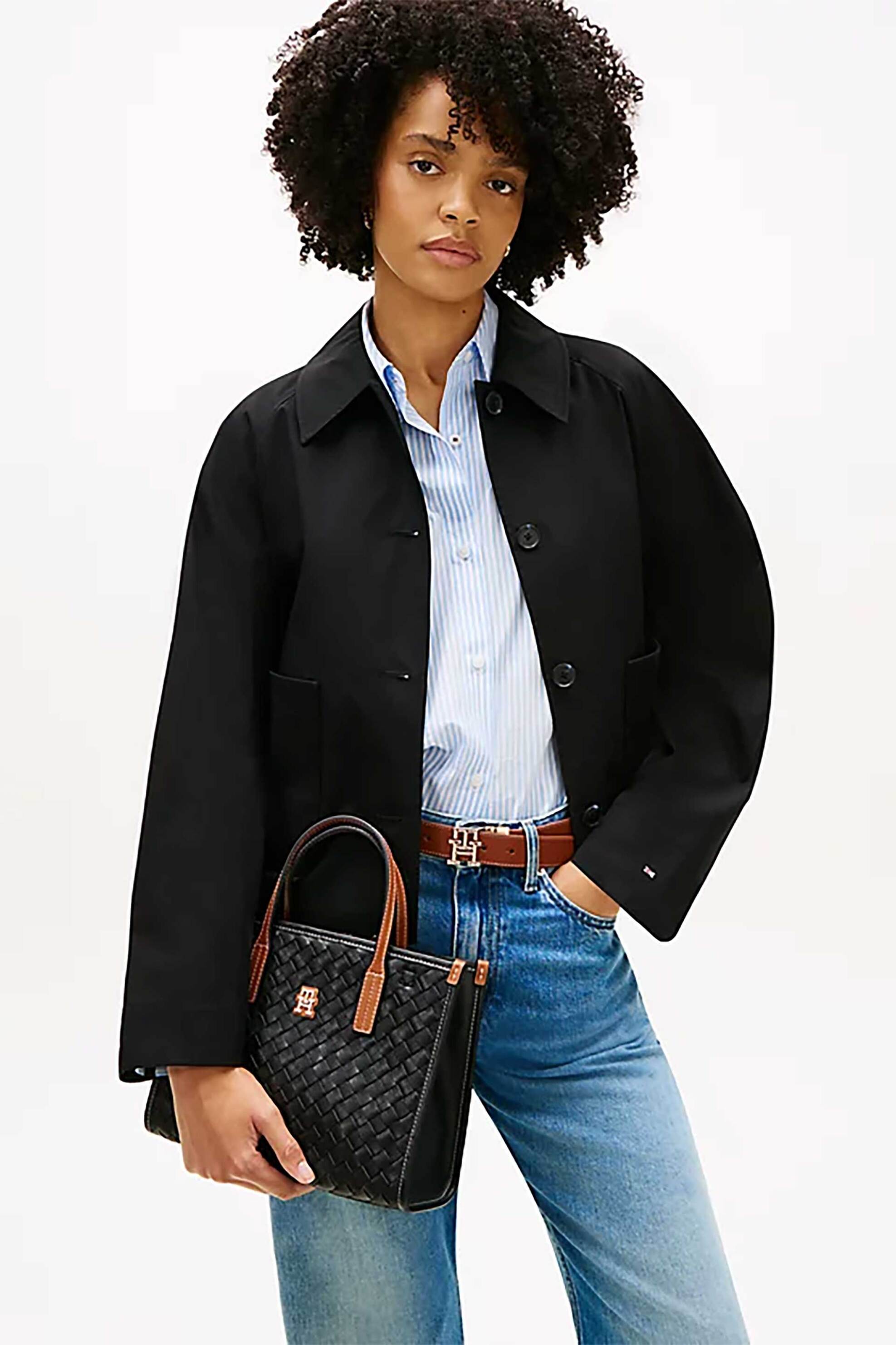 Tommy Hilfiger Γυναικείο Mini Bag Tote με Μεταλλικό Monogram Και Πλεκτό Σχέδιο Th City - Aw0Aw18393 Μαύρο