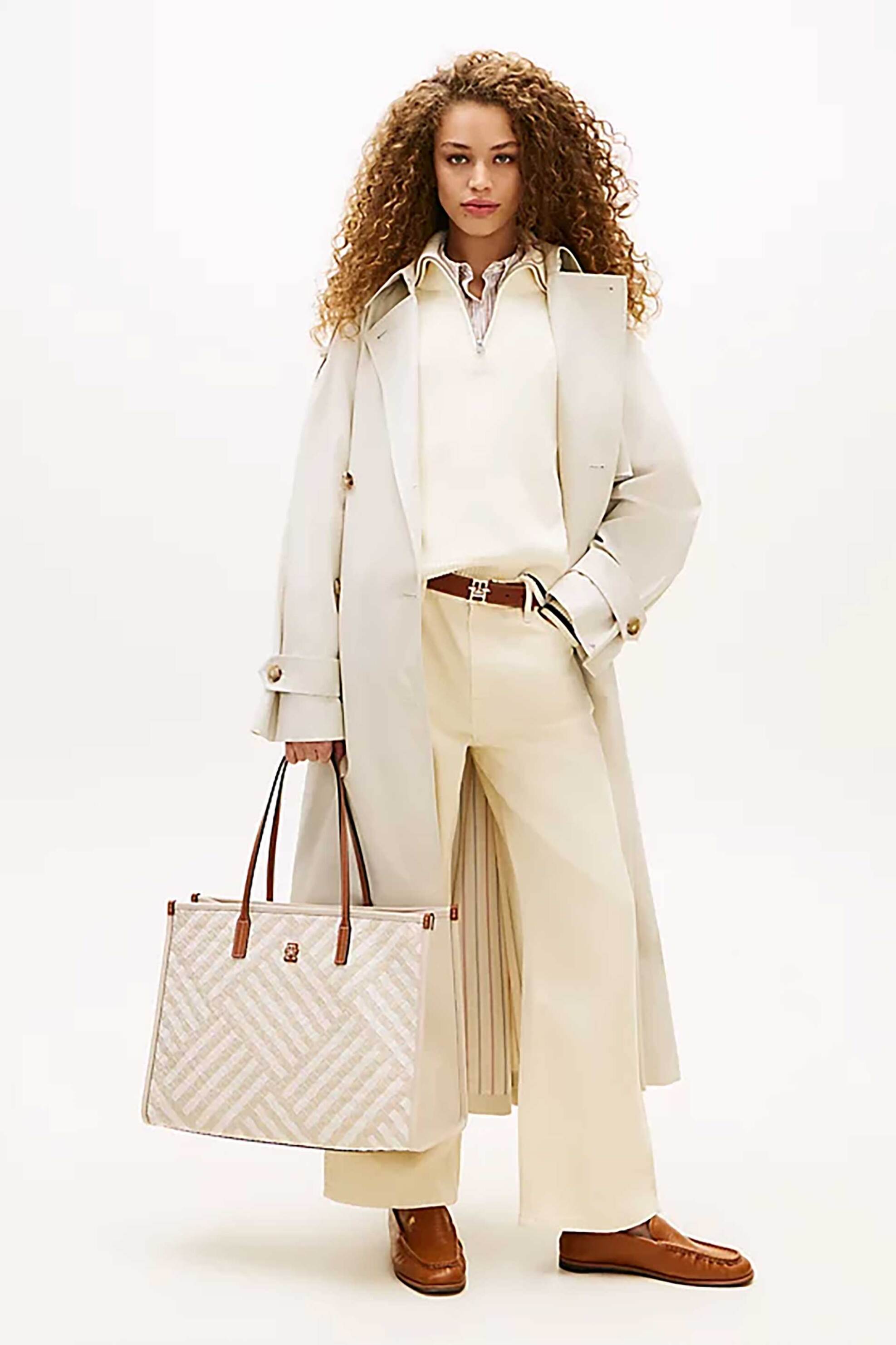 Tommy Hilfiger Γυναικεία Τσάντα Tote με Μεταλλικό Monogram Και Πλεκτό Σχέδιο Th City - Aw0Aw18394 Λευκό