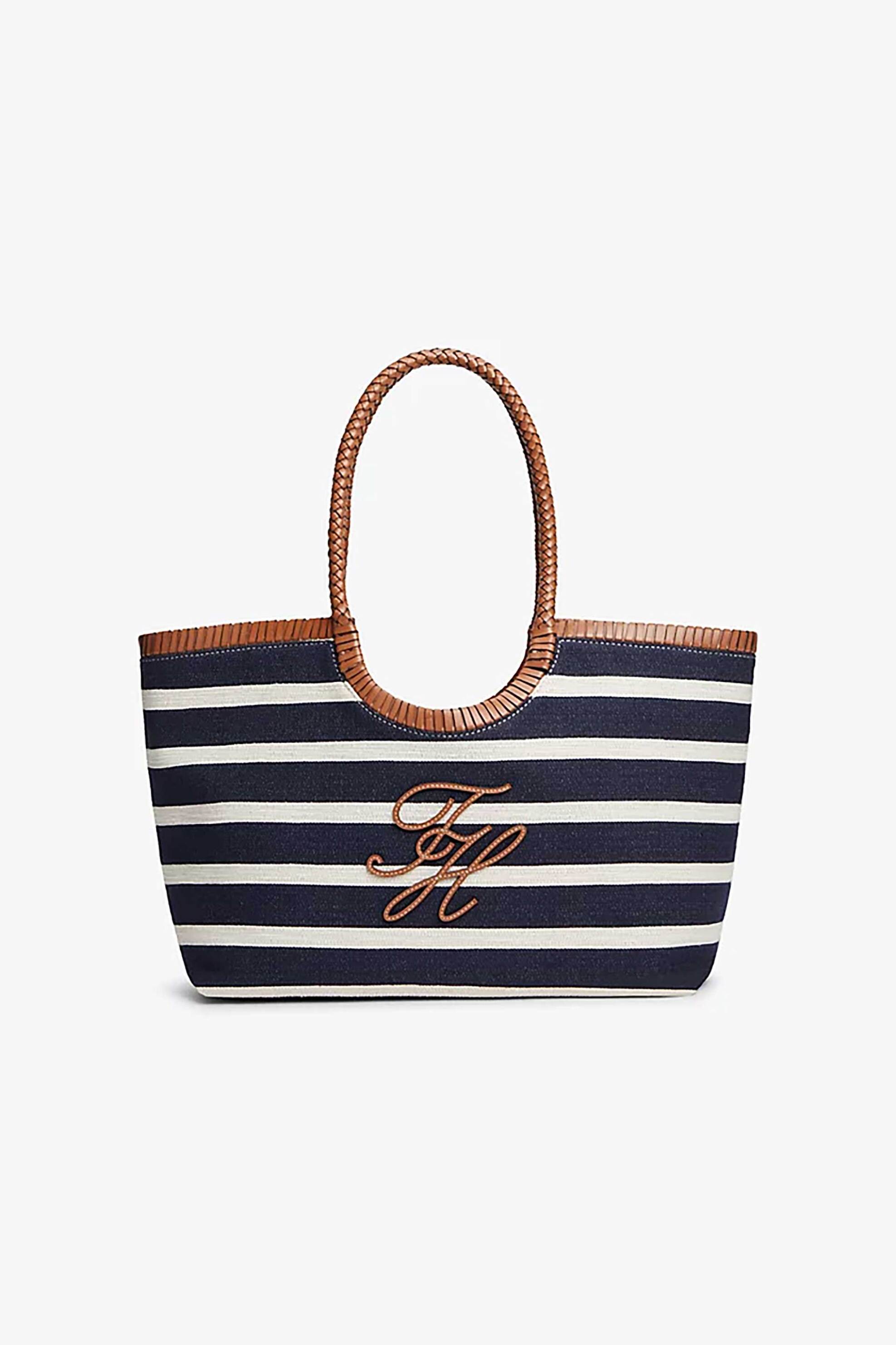 Tommy Hilfiger γυναικεία τσάντα tote με ανάγλυφο monogram και ριγέ μοτίβο "TH Elev" - AW0AW18400 Σκούρο Μπλε