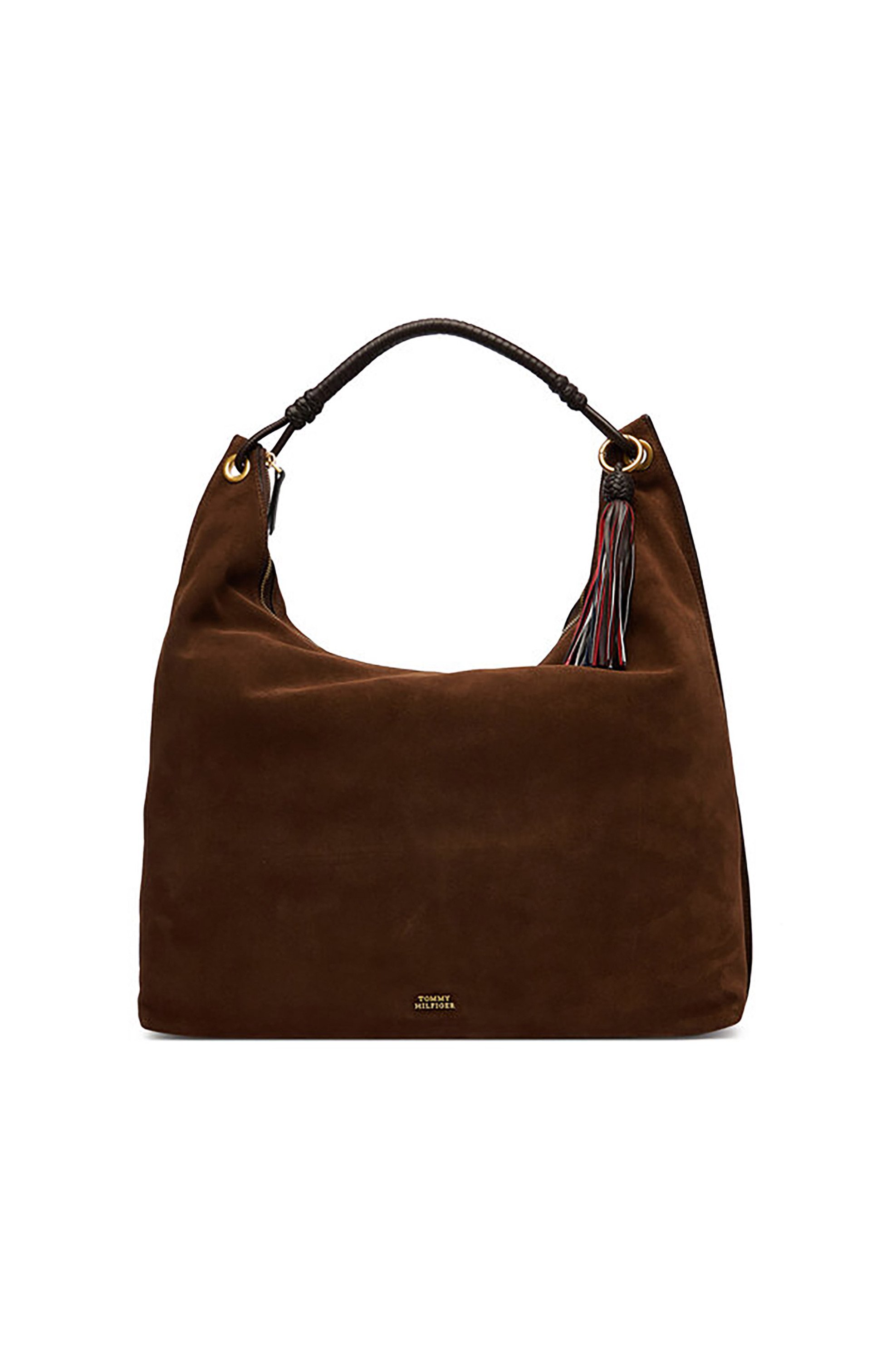 Tommy Hilfiger γυναικεία τσάντα suede ώμου hobo με μεταλλικό λογότυπο "TH Statement" - AW0AW18403 Καφέ