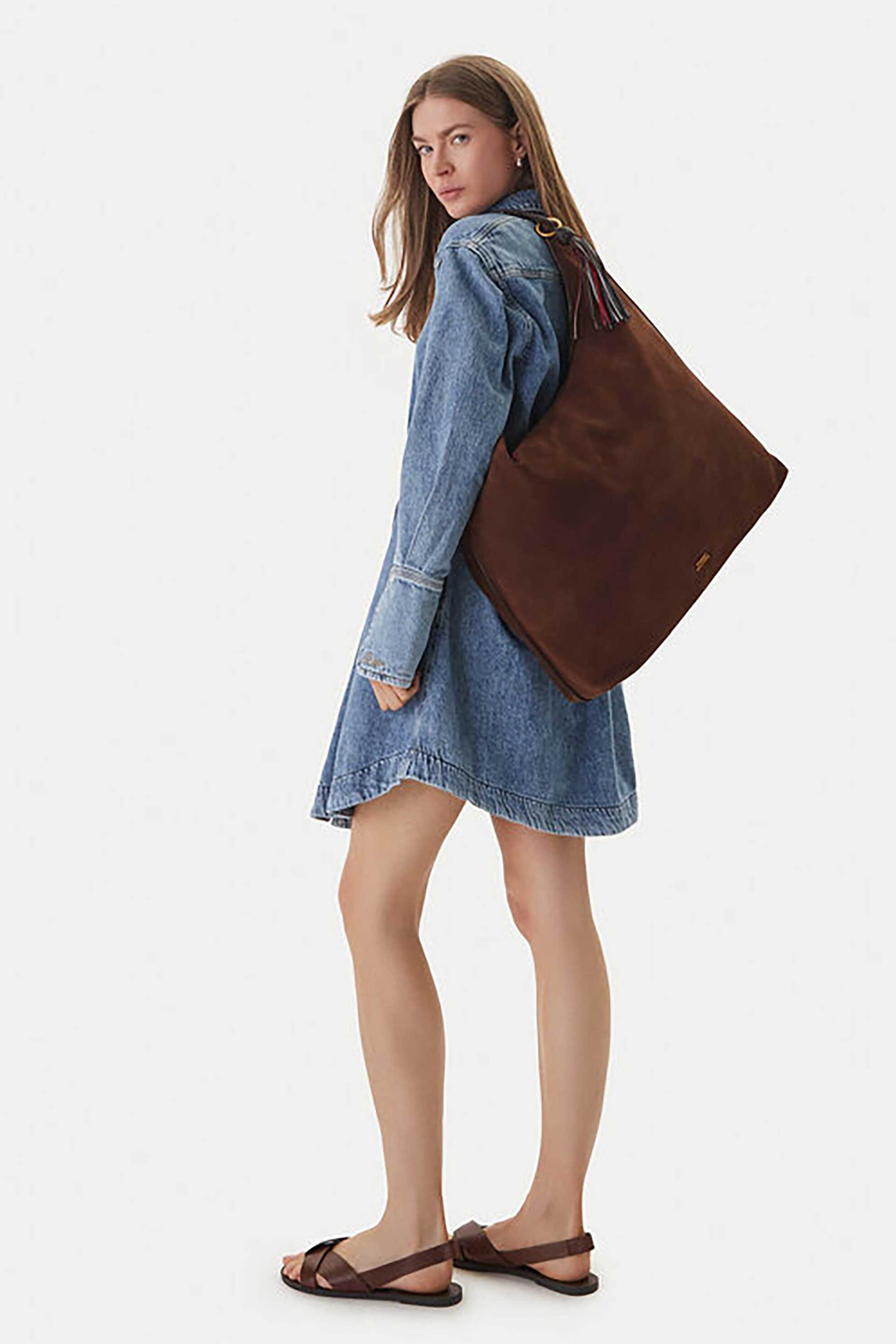 Tommy Hilfiger Γυναικεία Τσάντα Suede Ώμου Hobo με Μεταλλικό Λογότυπο Th Statement - Aw0Aw18403 Καφέ