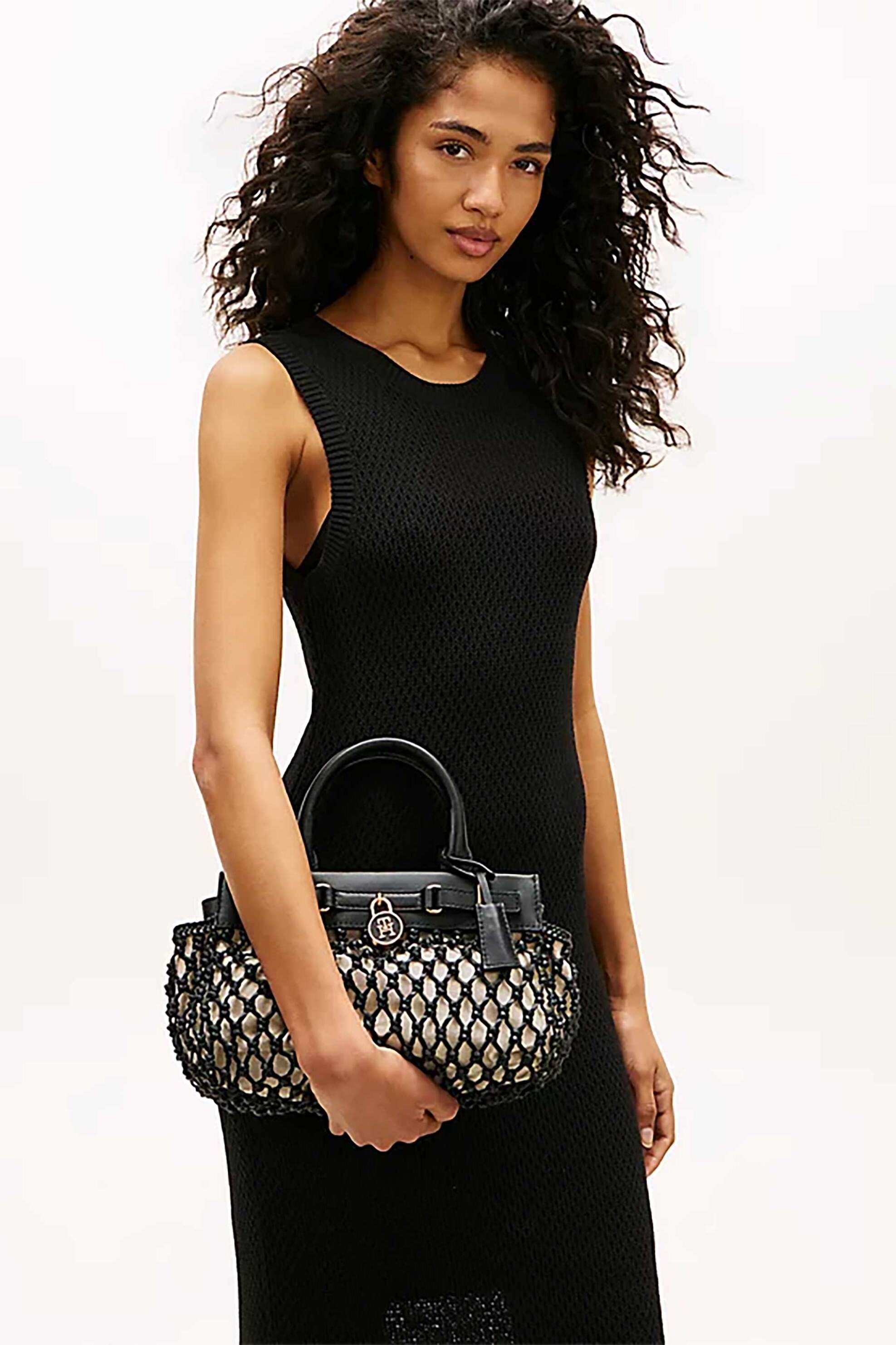 Tommy Hilfiger Γυναικεία Τσάντα Tote Χειρός με Σχέδιο Μακραμέ The American Icon - Aw0Aw18542 Μαύρο