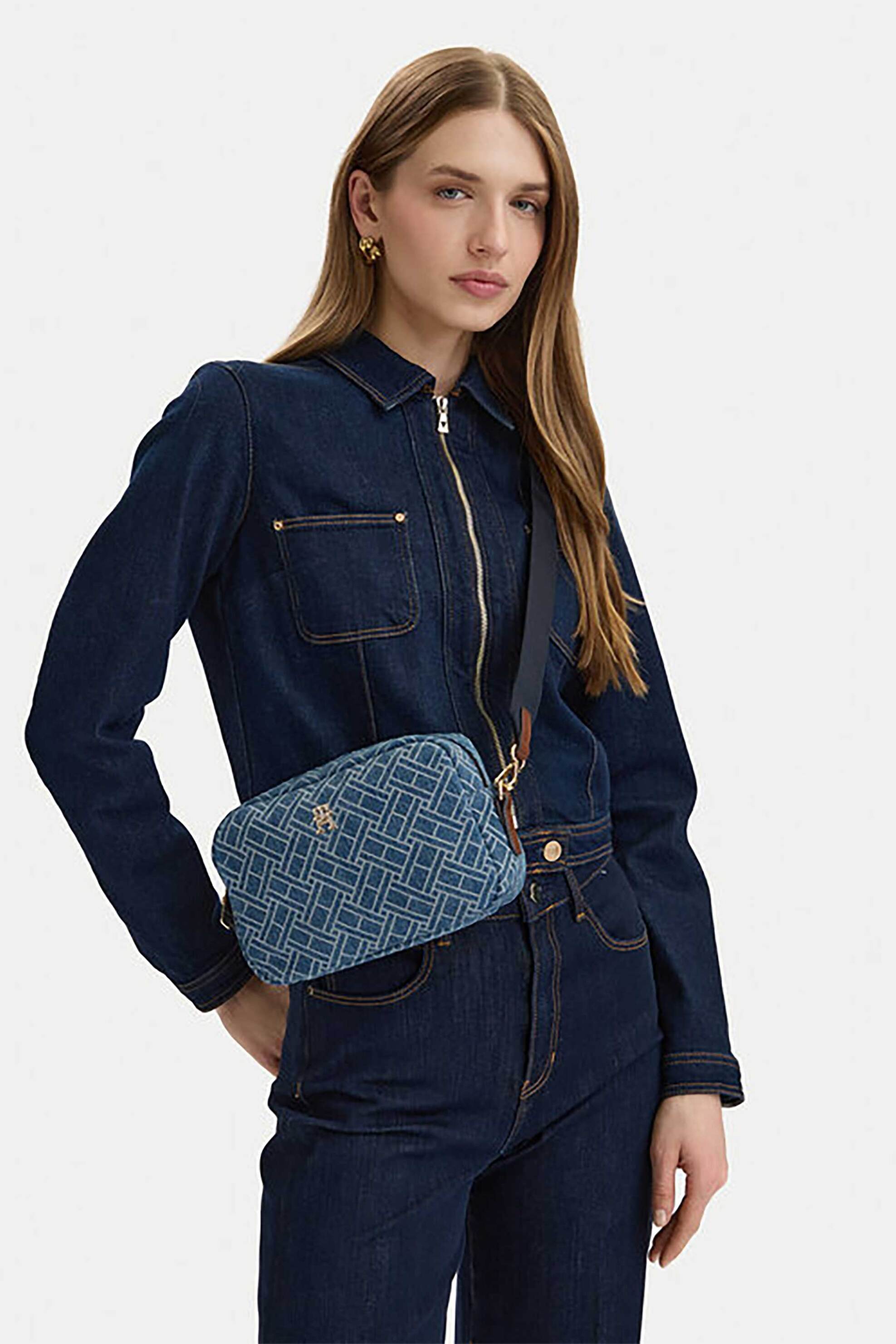 TOMMY HILFIGER Tommy Hilfiger γυναικεία denim τσάντα crossbody με μεταλλικό monogram και γεωμετρικό μοτίβο "Popette" - AW0AW18610 Denim Blue - 4