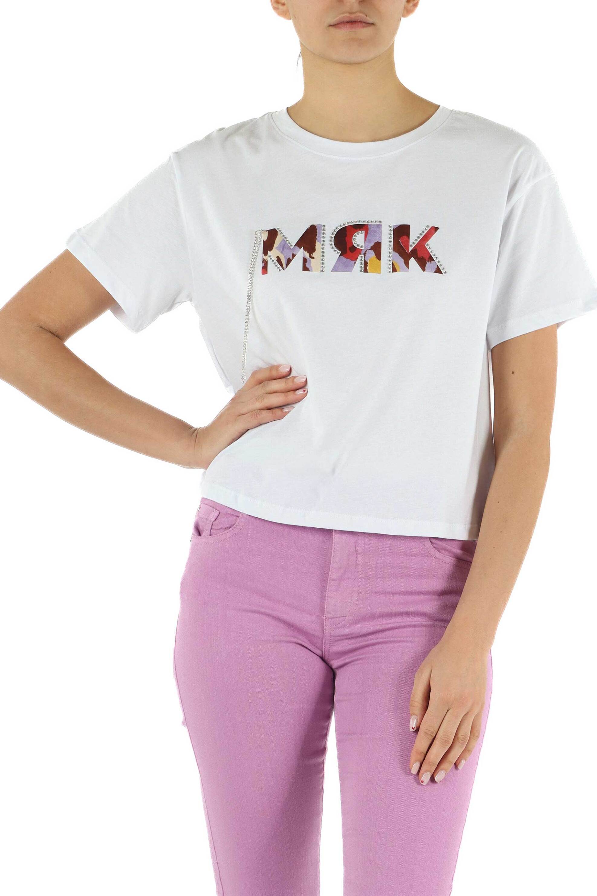 Γυναικεία Ρούχα & Αξεσουάρ > Γυναικεία Ρούχα > Γυναικεία Τοπ > Γυναικεία T-Shirts Markup γυναικείο βαμβακερό T-shirt μονόχρωμο με πολύχρωμο μονόγραμμα - MW661017 Λευκό