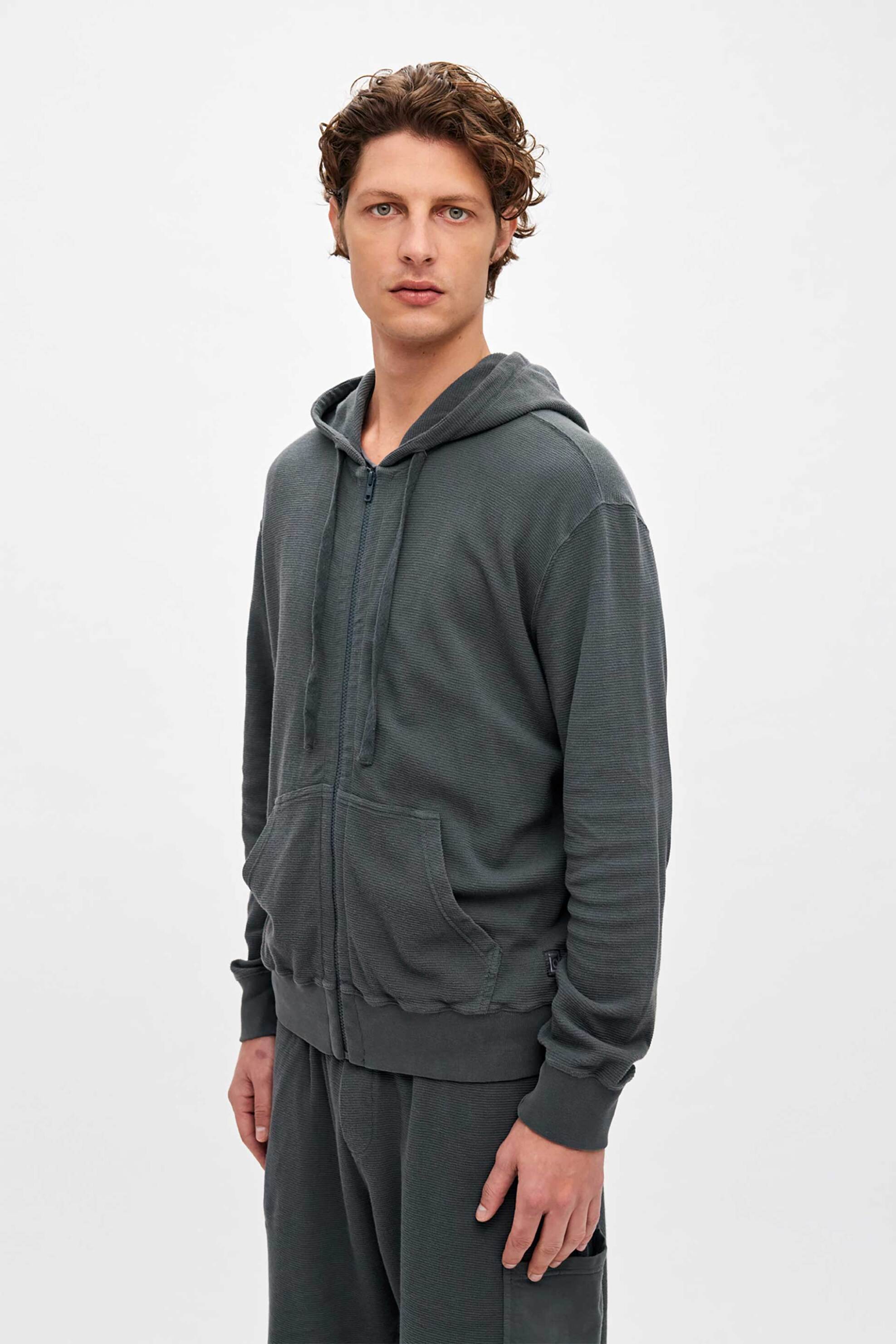 Dirty Laundry ανδρική ζακέτα φούτερ waffle με κουκούλα Regular Fit - DLMF000177 Ανθρακί φωτογραφία
