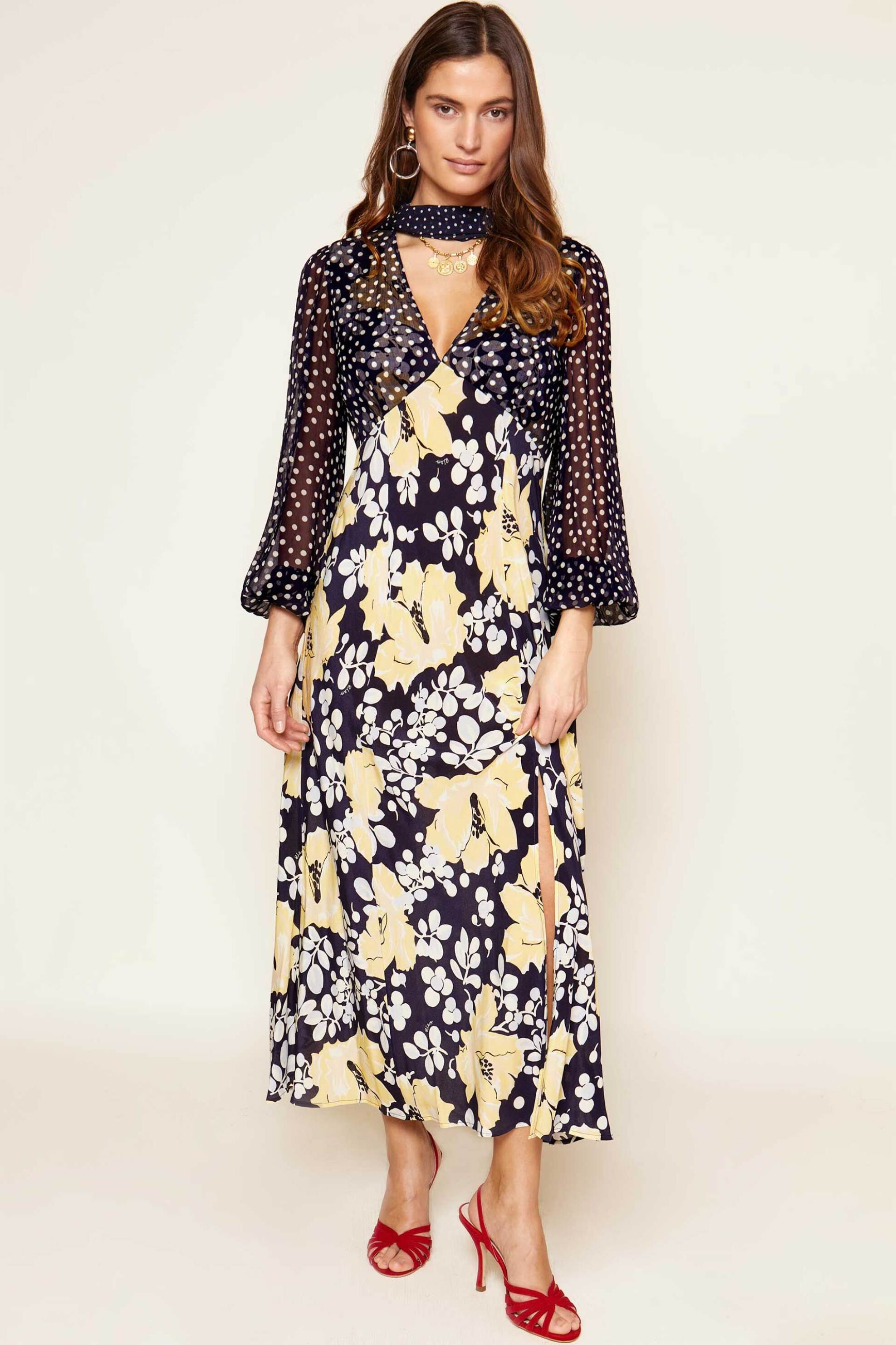 RIXO Rixo γυναικείο midi φόρεμα από μετάξι με floral print και πουά σχέδιο "Melanie" - 010.00336.124.03583 Πολύχρωμο