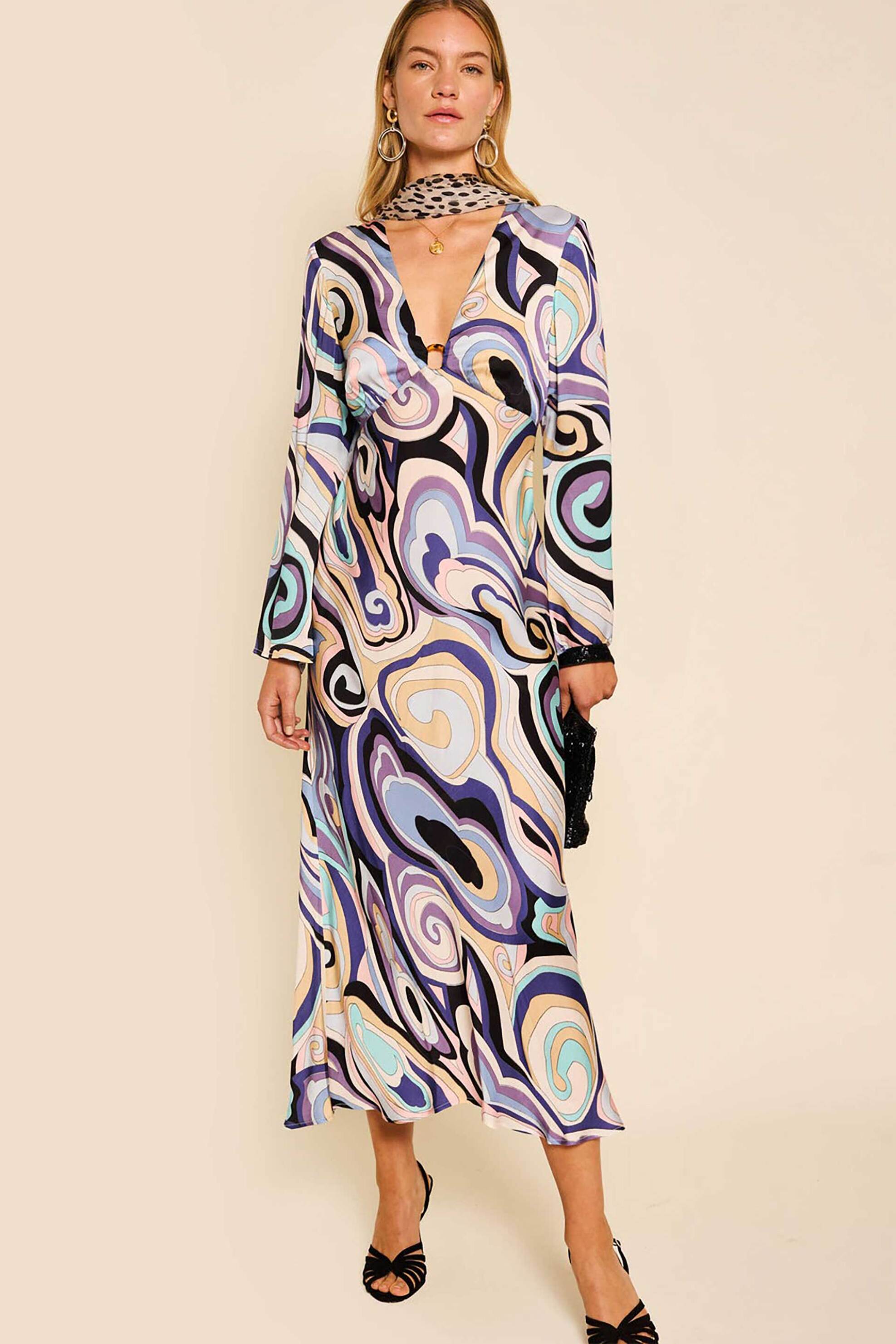 RIXO Rixo γυναικείο midi φόρεμα σατέν με print "Terri" - 010.00494.125.06248 Λιλά