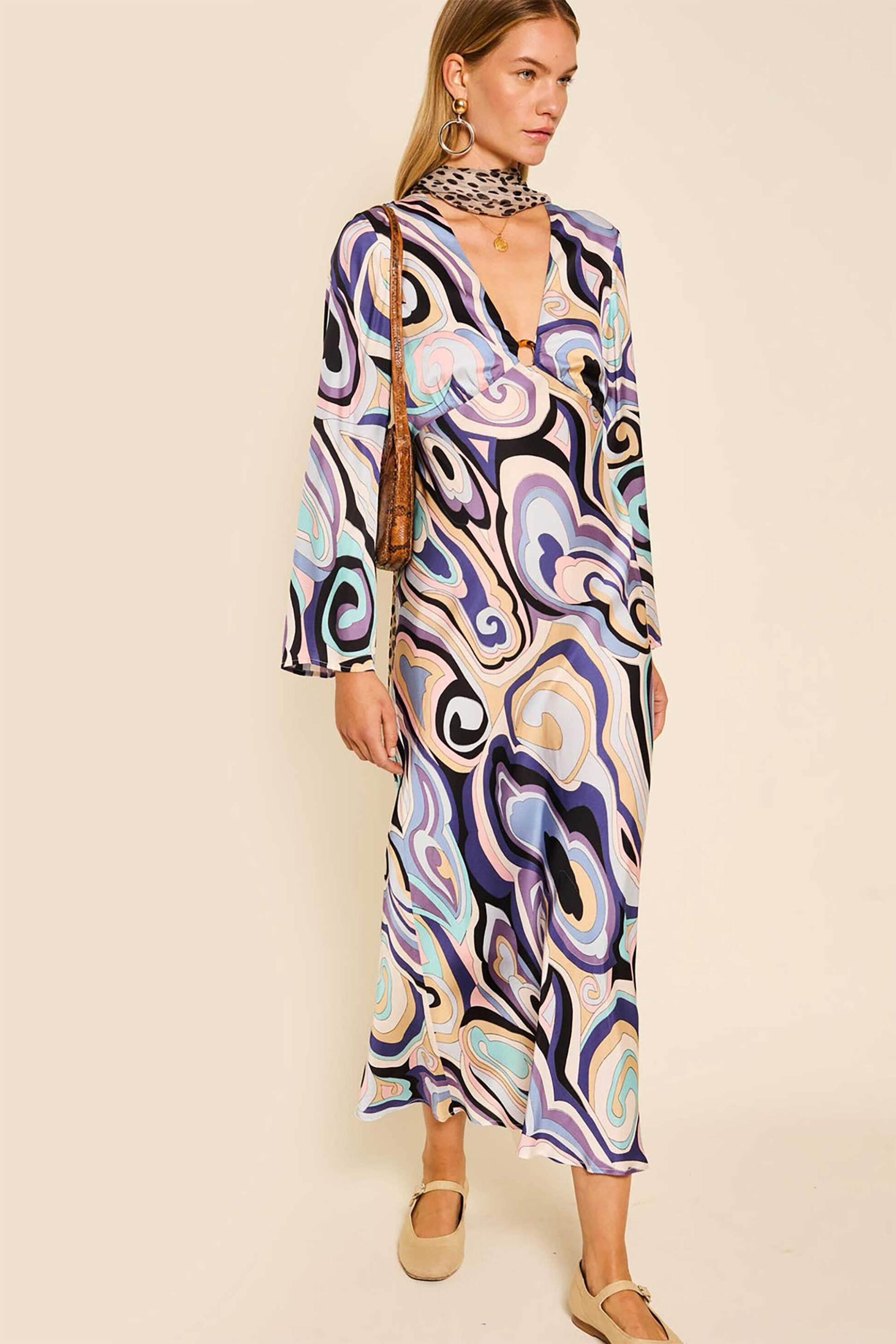 Rixo γυναικείο midi φόρεμα σατέν με print "Terri" - 010.00494.125.06248 Λιλά φωτογραφία