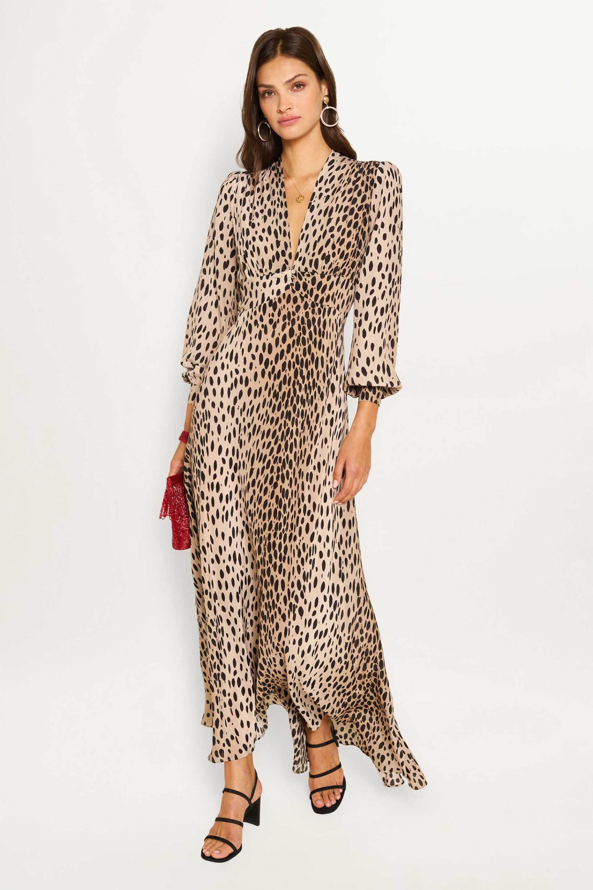 RIXO Rixo γυναικείο maxi φόρεμα μεταξωτό animal print "Emory" - 010.02282.424.06278 Μπεζ