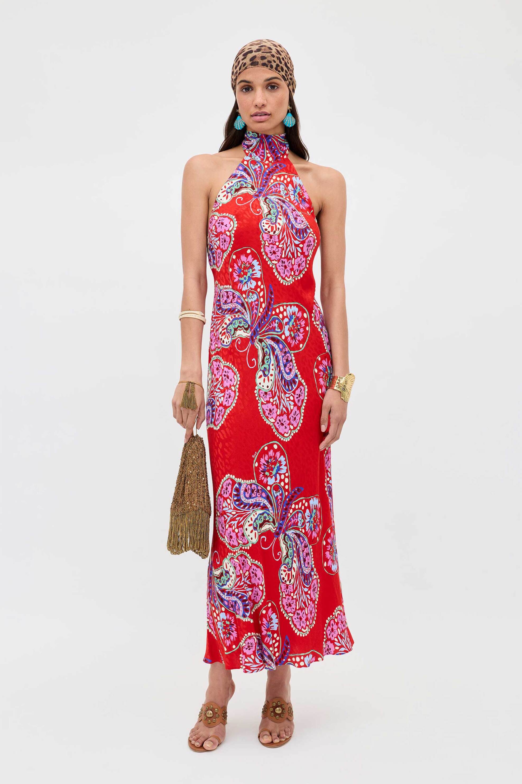 Rixo γυναικείο midi φόρεμα με butterfly print "Maura Butterfly Bloom" - 010.05378.226.08860 Κόκκινο