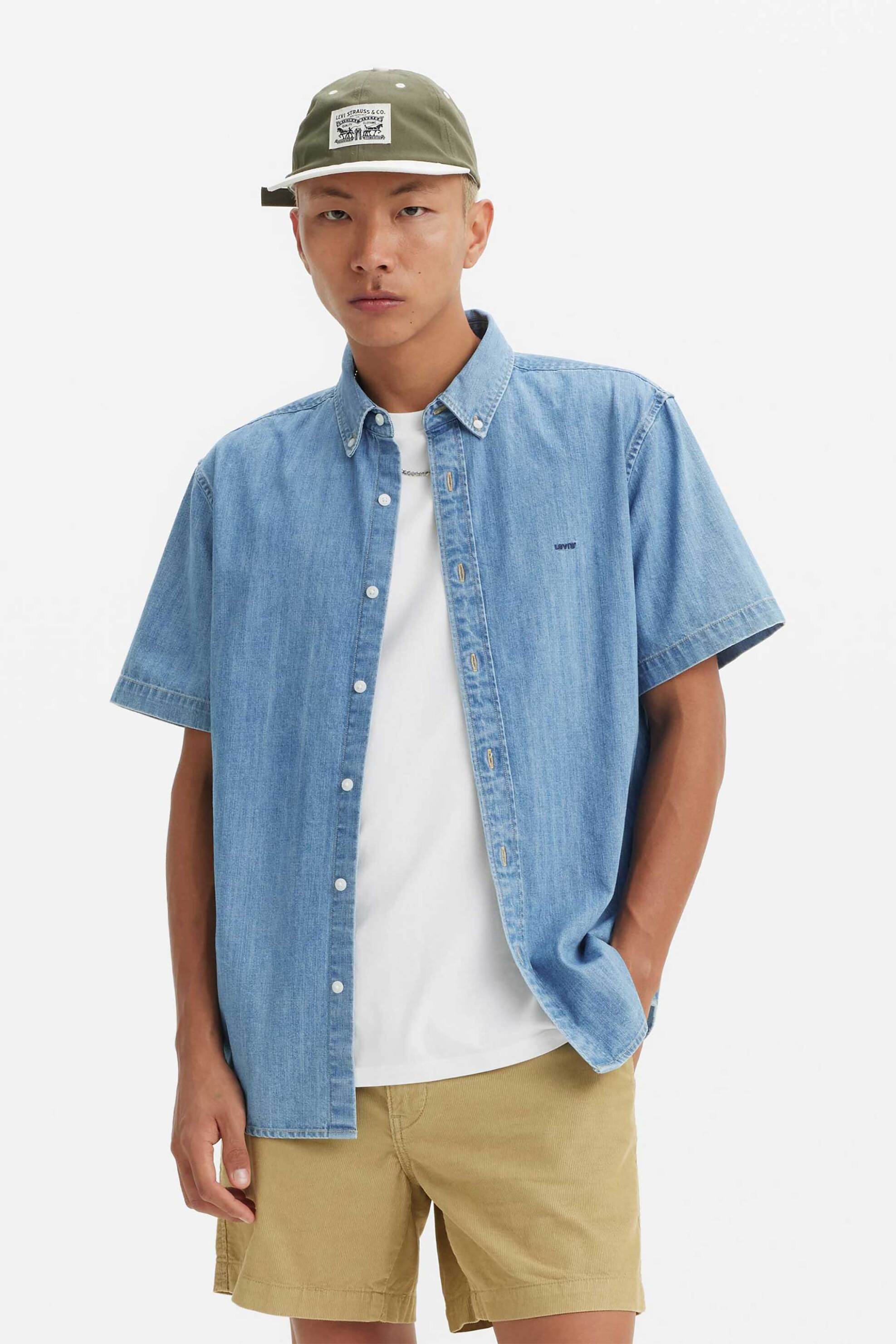 Levi's® ανδρικό denim πουκάμισο button down κοντομάνικο με κεντημένο λογότυπο Relaxed Fit "Authentic" - A91610007 Denim Blue Ανοιχτό